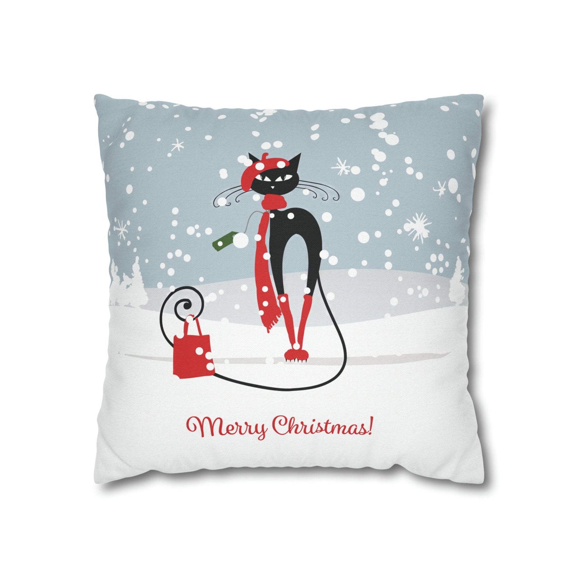 Kate McEnroe New York Atomic Cat Retro Christmas Pillow Cover, Mid Century Modern Snowy Christmas Yellow Cushion Covers, MCM Holiday Pillow Case Throw Pillow Covers