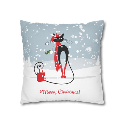 Kate McEnroe New York Atomic Cat Retro Christmas Pillow Cover, Mid Century Modern Snowy Christmas Yellow Cushion Covers, MCM Holiday Pillow CaseThrow Pillow Covers13578226029419046937