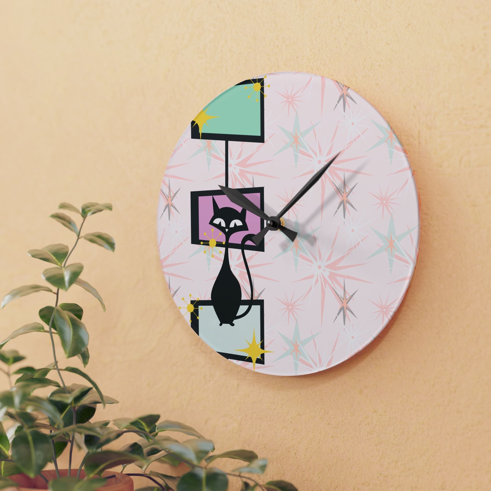 Kate McEnroe New York Atomic Cat Retro Clock, Mid Century Modern Geometric Starburst Wall Decor, MCM Home AccessoriesWall Clocks25525864167062970444