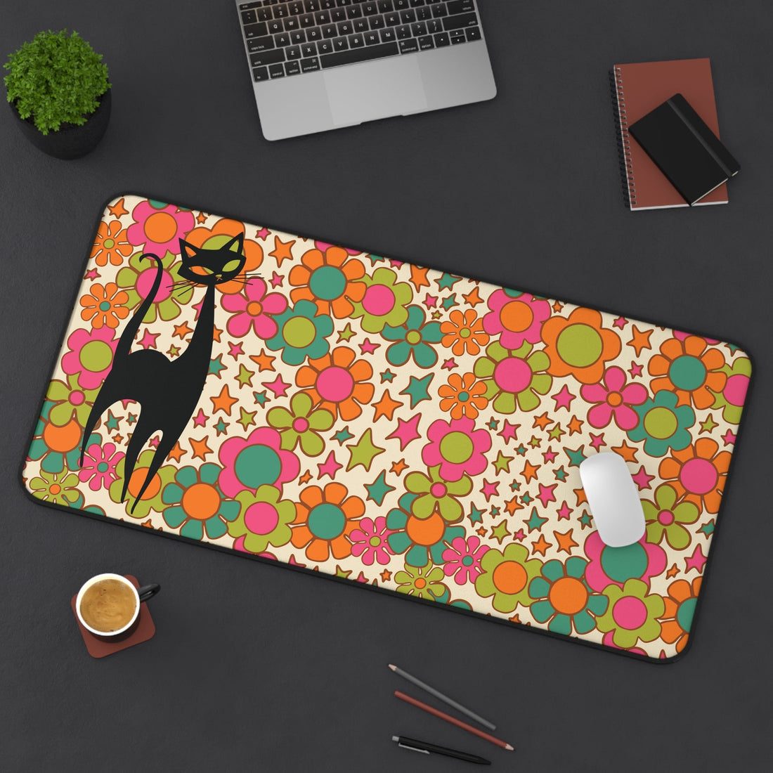 Kate McEnroe New York Atomic Cat Retro Groovy Desk Mat, 70s Flower Power Hippie Office Decor, Mid Century Mod Gaming PadDesk Mats18735535372846066741