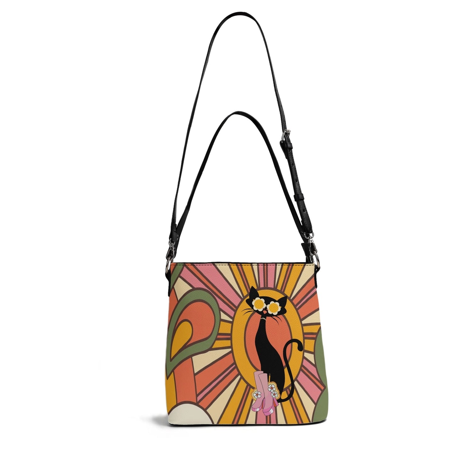 Kate McEnroe New York Atomic Cat Retro Groovy Handbag, 70s Hippie Sunburst Purse, Mid Century Modern Black Cat Crossbody BagHandbagsNRQR74GY - 1