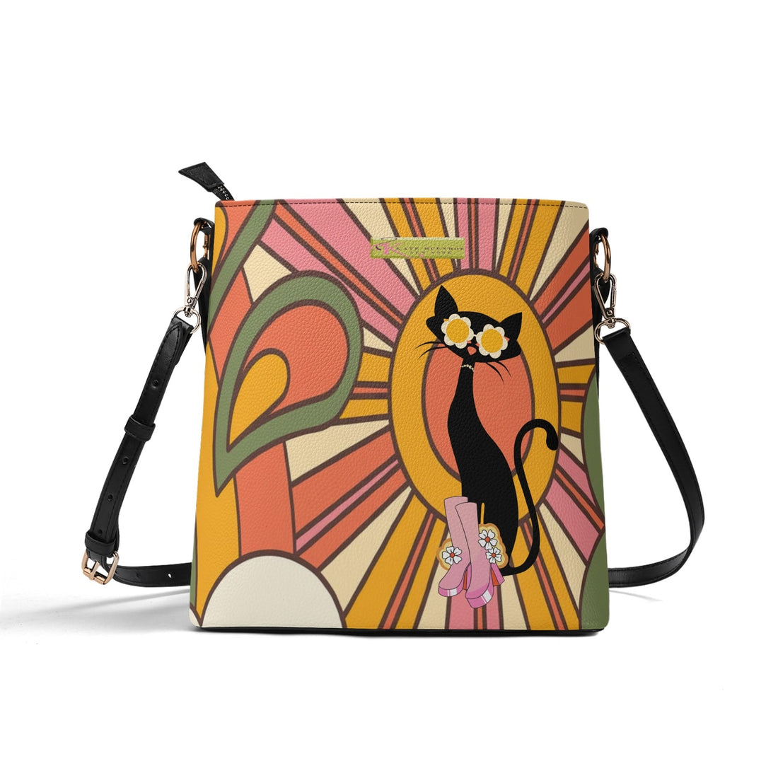 Kate McEnroe New York Atomic Cat Retro Groovy Handbag, 70s Hippie Sunburst Purse, Mid Century Modern Black Cat Crossbody BagHandbagsNRQR74GY - 1