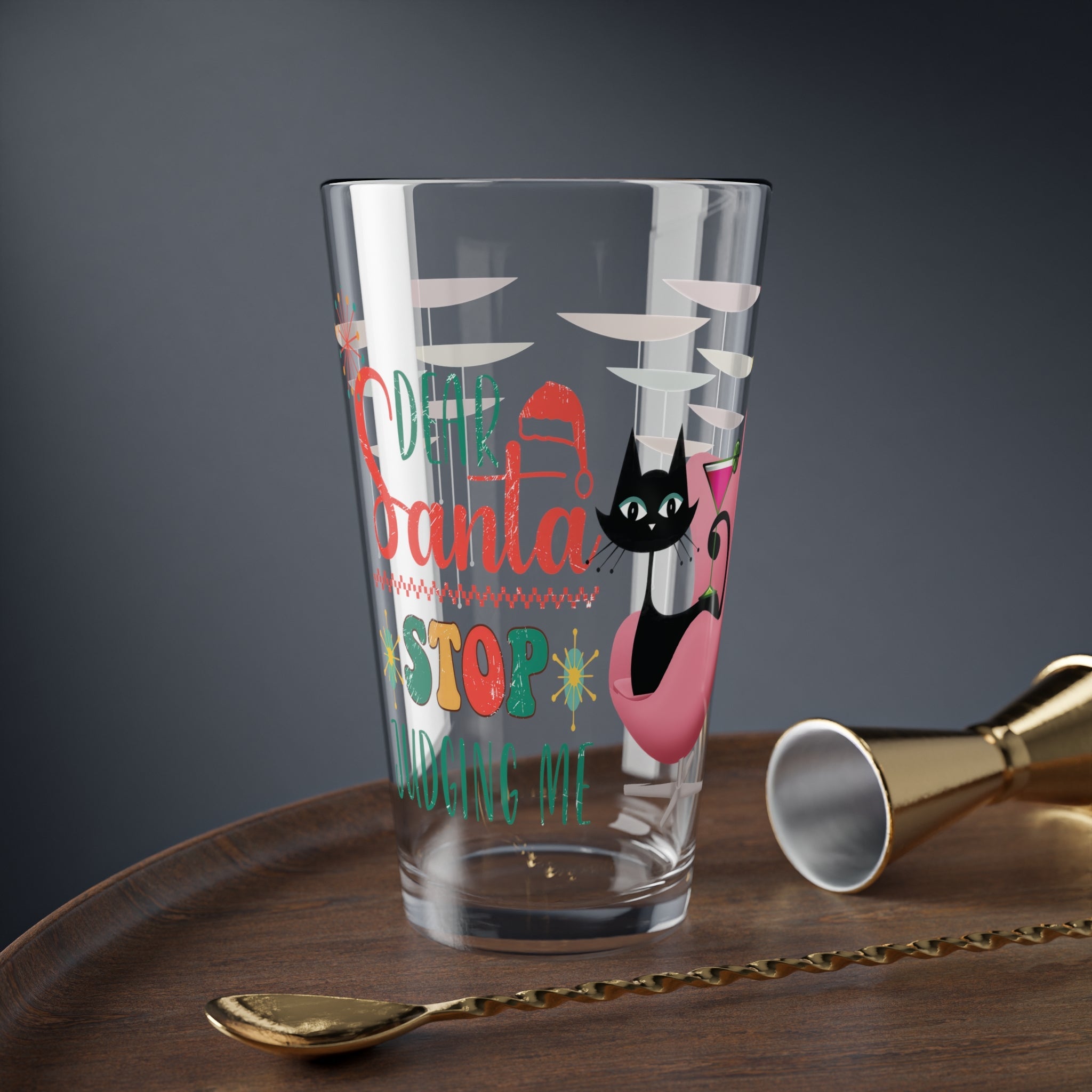 Kate McEnroe New York Atomic Cat Retro Holiday Pint Glass, Dear Santa, Stop Judging Me, Mid Century Christmas Drinkware, Vintage Kitsch Cocktail GlassPint Glasses22770076219054499845