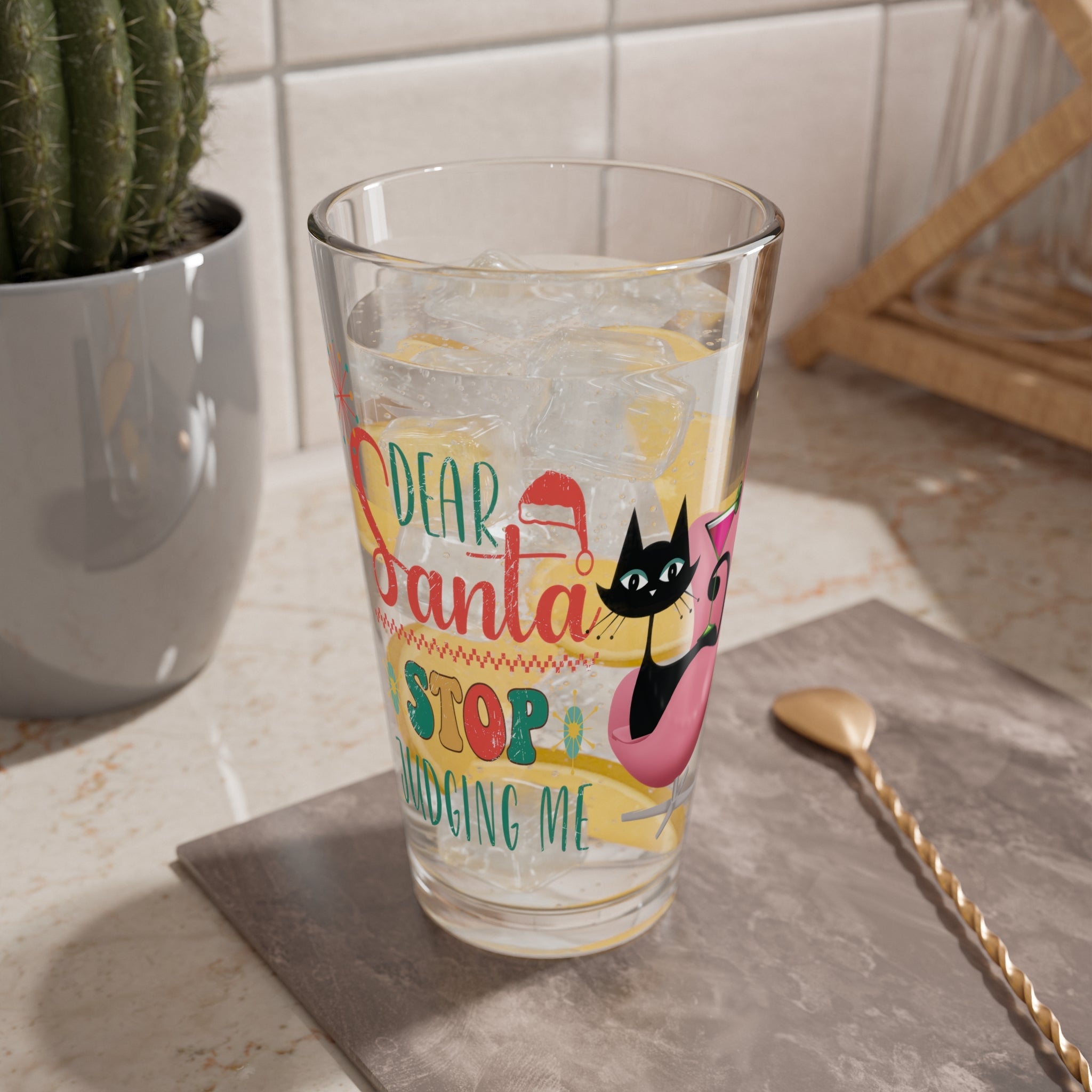 Kate McEnroe New York Atomic Cat Retro Holiday Pint Glass, Dear Santa, Stop Judging Me, Mid Century Christmas Drinkware, Vintage Kitsch Cocktail GlassPint Glasses22770076219054499845
