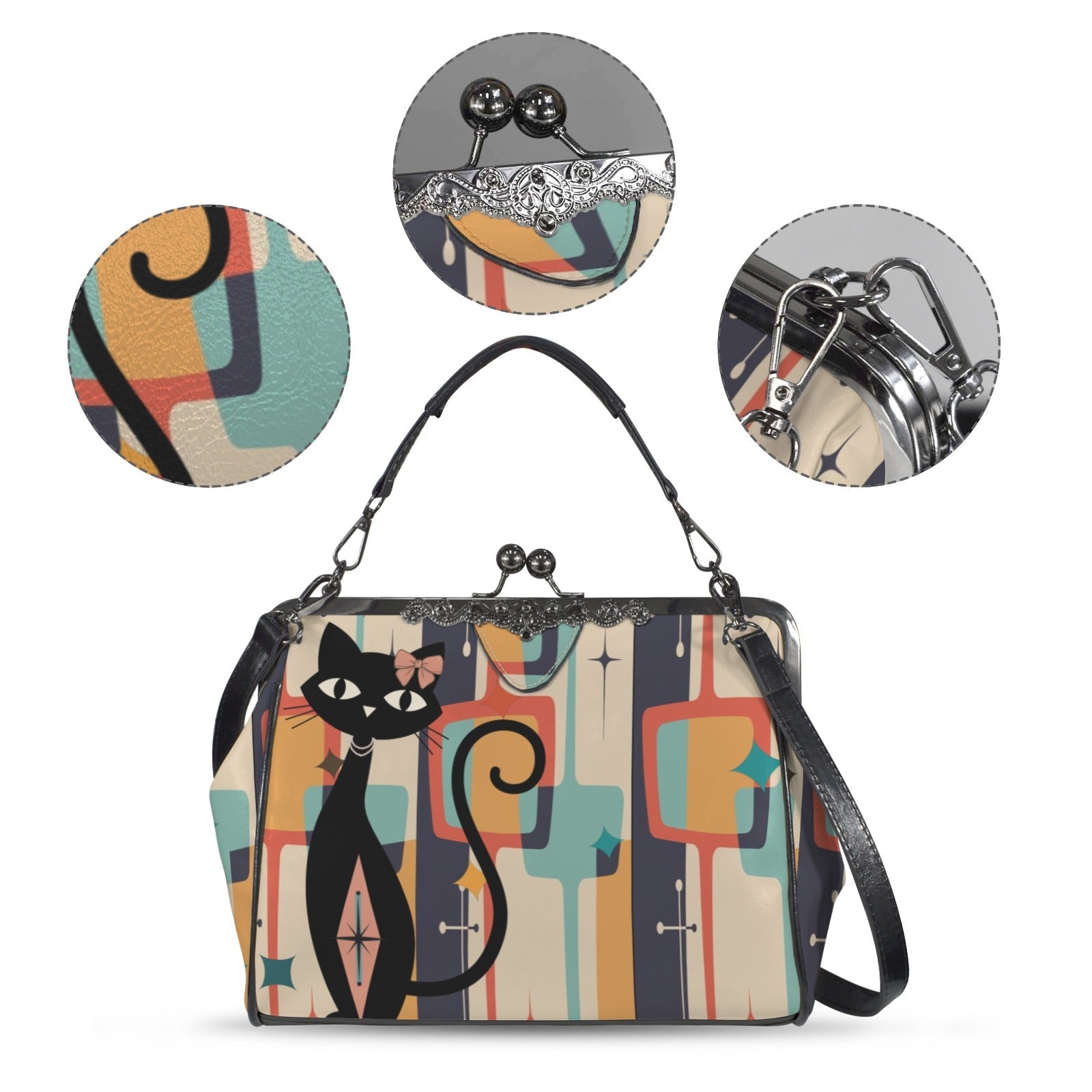 Atomic Cat Retro Kisslock Bag, Mid Century Boomerang Starburst