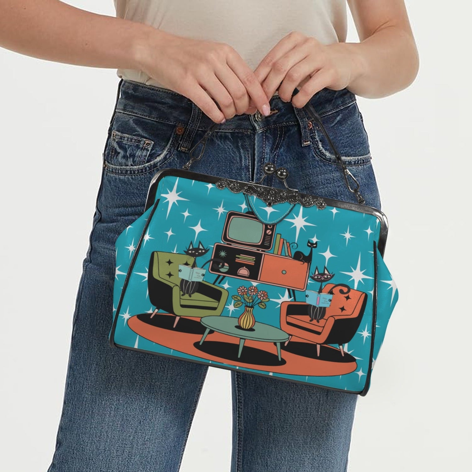 Kate McEnroe New York Atomic Cat Retro Kisslock Purse, Mid Century Modern Starburst BagCrossbody BagsD3210233