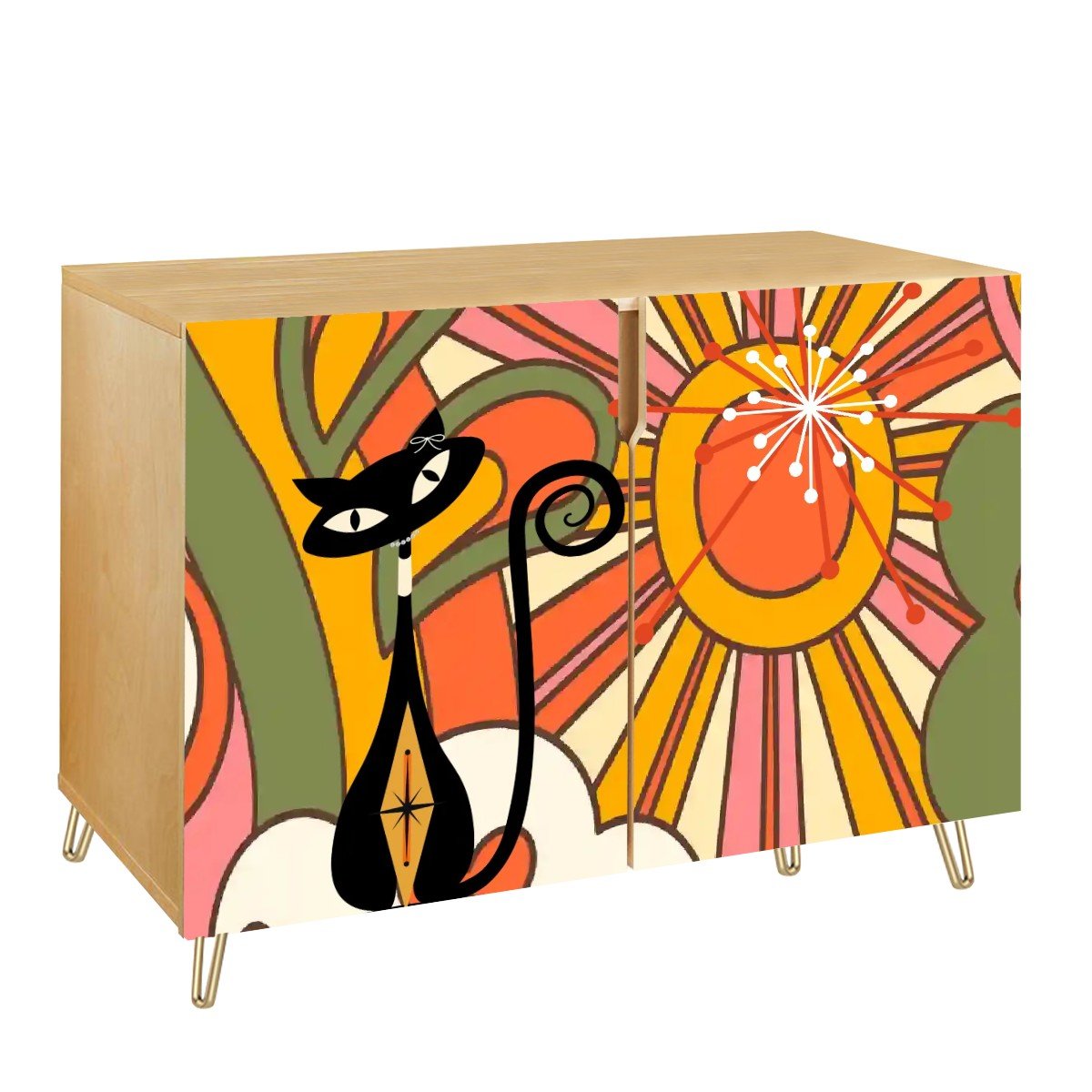 Kate McEnroe New York Atomic Cat Retro Kitsch 70s Groovy Sunburst Storage Cabinet, Mid Century Modern CredenzaStorage CabinetsIxibEsRL32