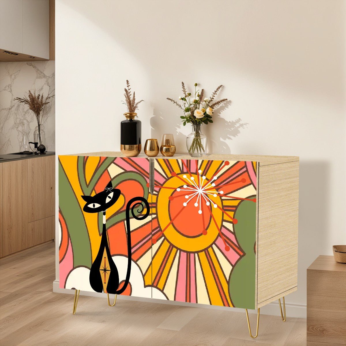 Kate McEnroe New York Atomic Cat Retro Kitsch 70s Groovy Sunburst Storage Cabinet, Mid Century Modern CredenzaStorage CabinetsIxibEsRL32