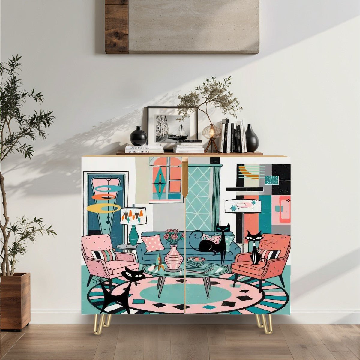 Kate McEnroe New York Atomic Cat Retro Living Room Cabinet, Mid Century Modern Kitsch Sideboard, MCM Pink Teal Storage FurnitureStorage CabinetsmliEk92Dax