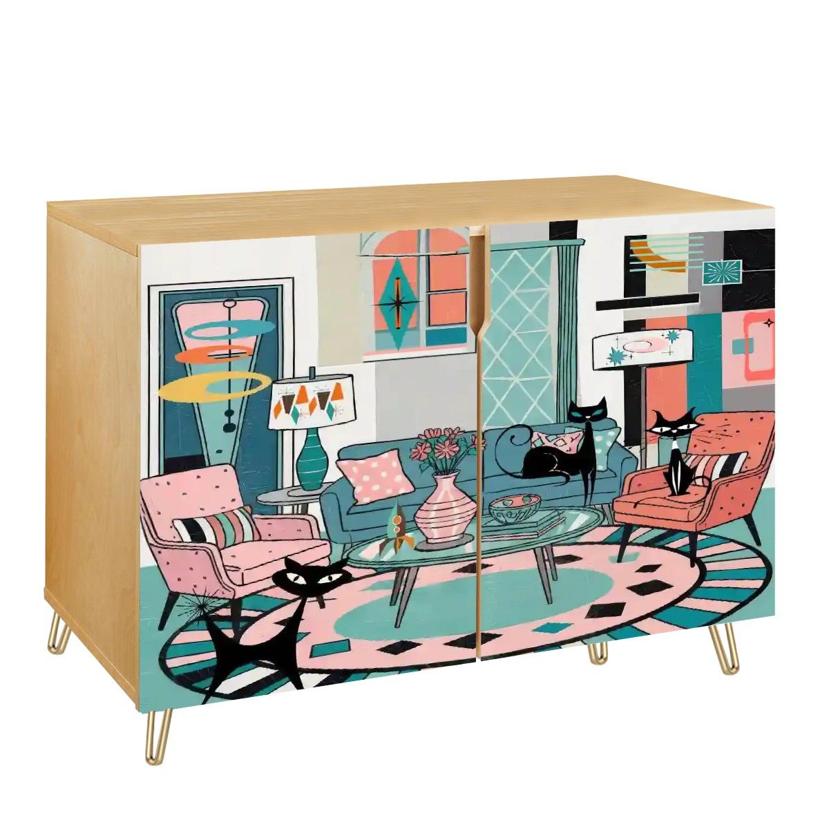 Kate McEnroe New York Atomic Cat Retro Living Room Cabinet, Mid Century Modern Kitsch Sideboard, MCM Pink Teal Storage FurnitureStorage CabinetsmliEk92Dax