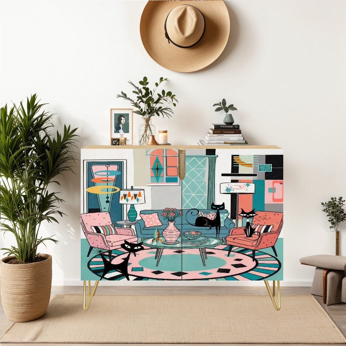 Kate McEnroe New York Atomic Cat Retro Living Room Cabinet, Mid Century Modern Kitsch Sideboard, MCM Pink Teal Storage FurnitureStorage CabinetsmliEk92Dax