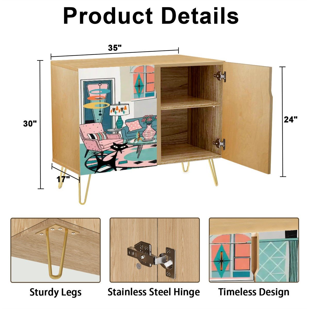 Kate McEnroe New York Atomic Cat Retro Living Room Cabinet, Mid Century Modern Kitsch Sideboard, MCM Pink Teal Storage FurnitureStorage CabinetsmliEk92Dax