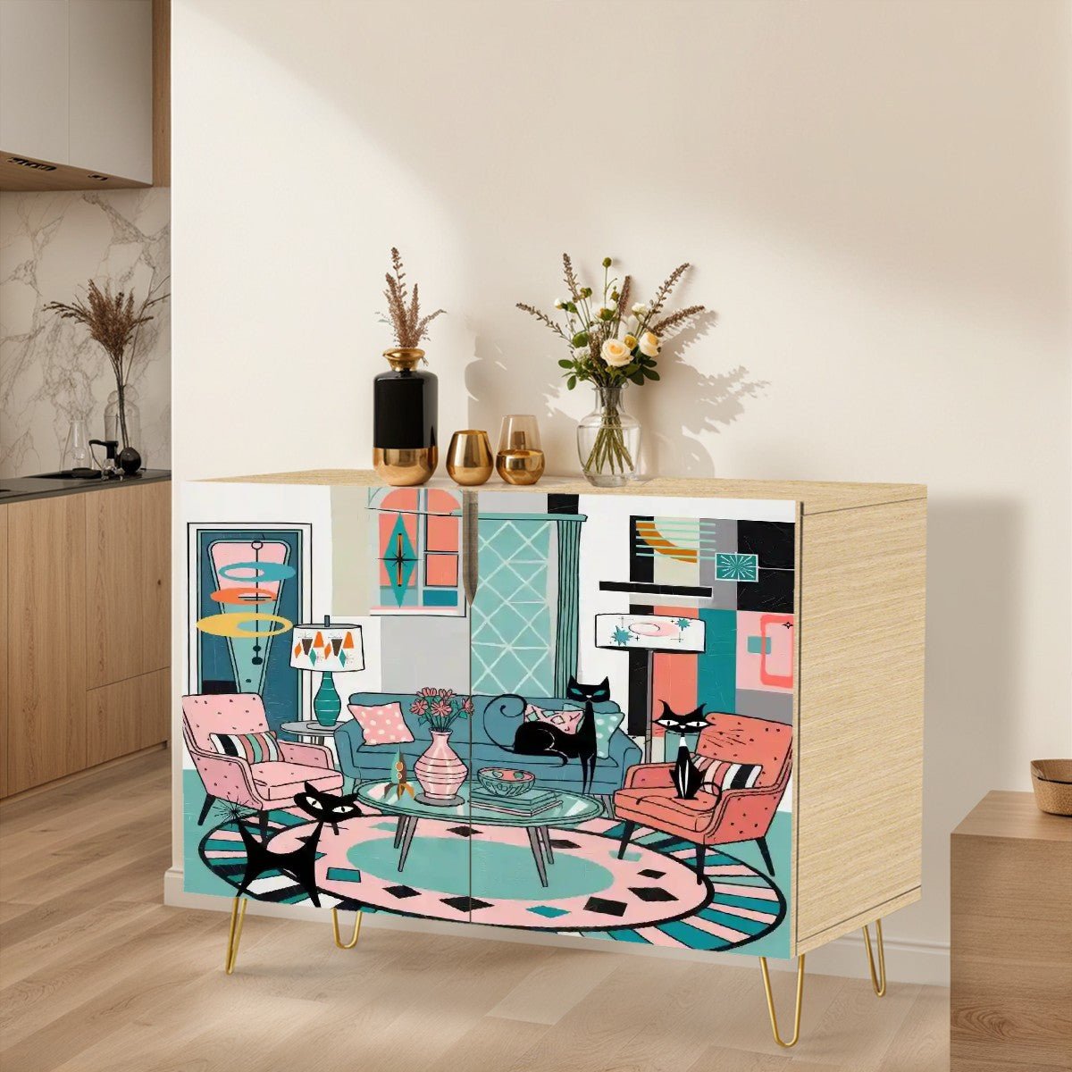 Kate McEnroe New York Atomic Cat Retro Living Room Cabinet, Mid Century Modern Kitsch Sideboard, MCM Pink Teal Storage FurnitureStorage CabinetsmliEk92Dax