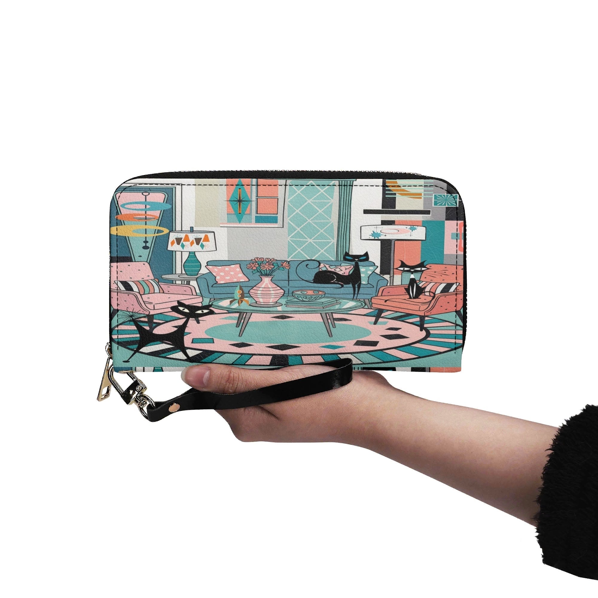 Kate McEnroe New York Atomic Cat Retro Lounge Wallet, Mid Century Modern Zip ClutchWalletsN7MG27RW - 1