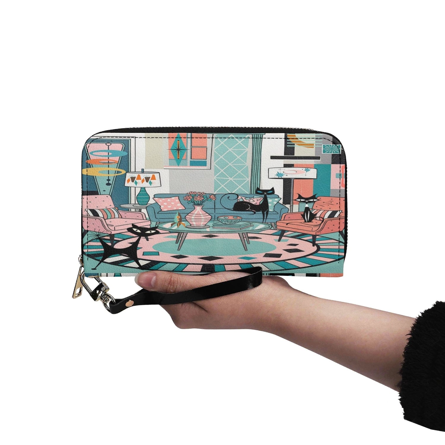 Kate McEnroe New York Atomic Cat Retro Lounge Wallet, Mid Century Modern Zip ClutchWalletsN7MG27RW - 2