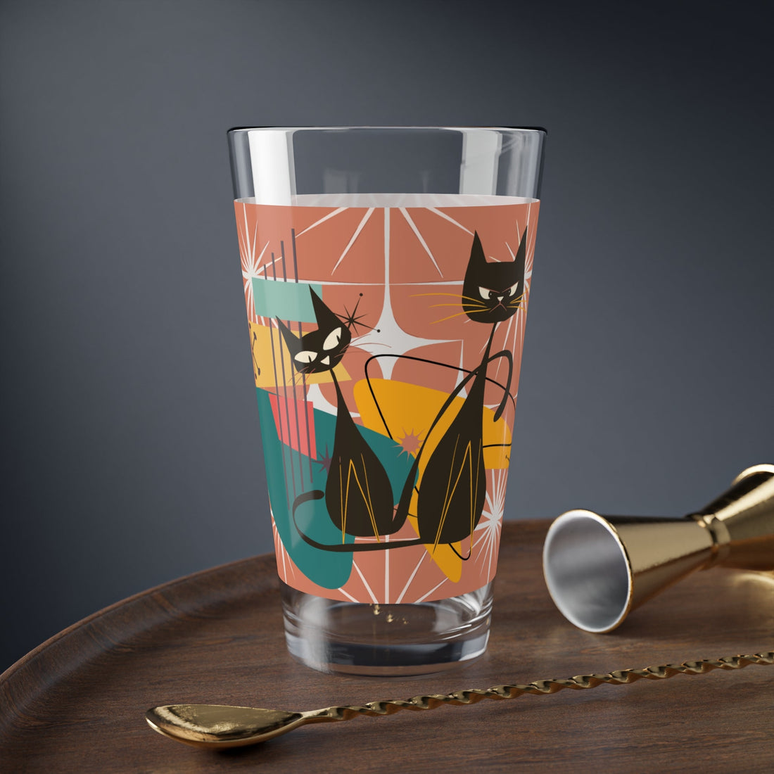 Kate McEnroe New York Atomic Cat Retro Mid Century Modern Cocktail Mocktail Pint Glass, 50s Kitsch Sexton Cat Starburst Drinking Glass, MCM BarwarePint Glasses12443883155848572558