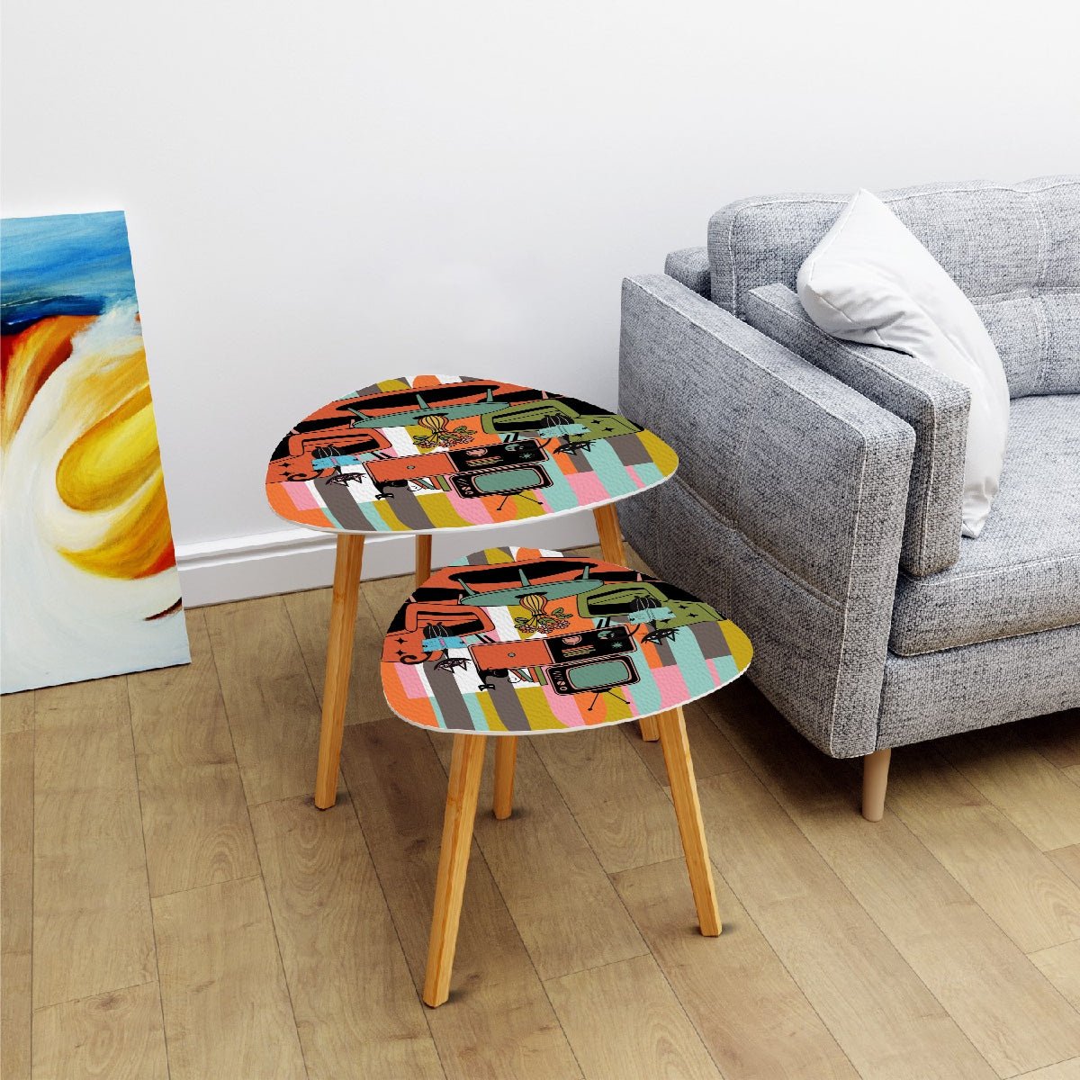 Kate McEnroe New York Atomic Cat Retro Nesting Tables, Mid Century Modern Striped Accent FurnitureNesting TablesIM8uIPvBuJ
