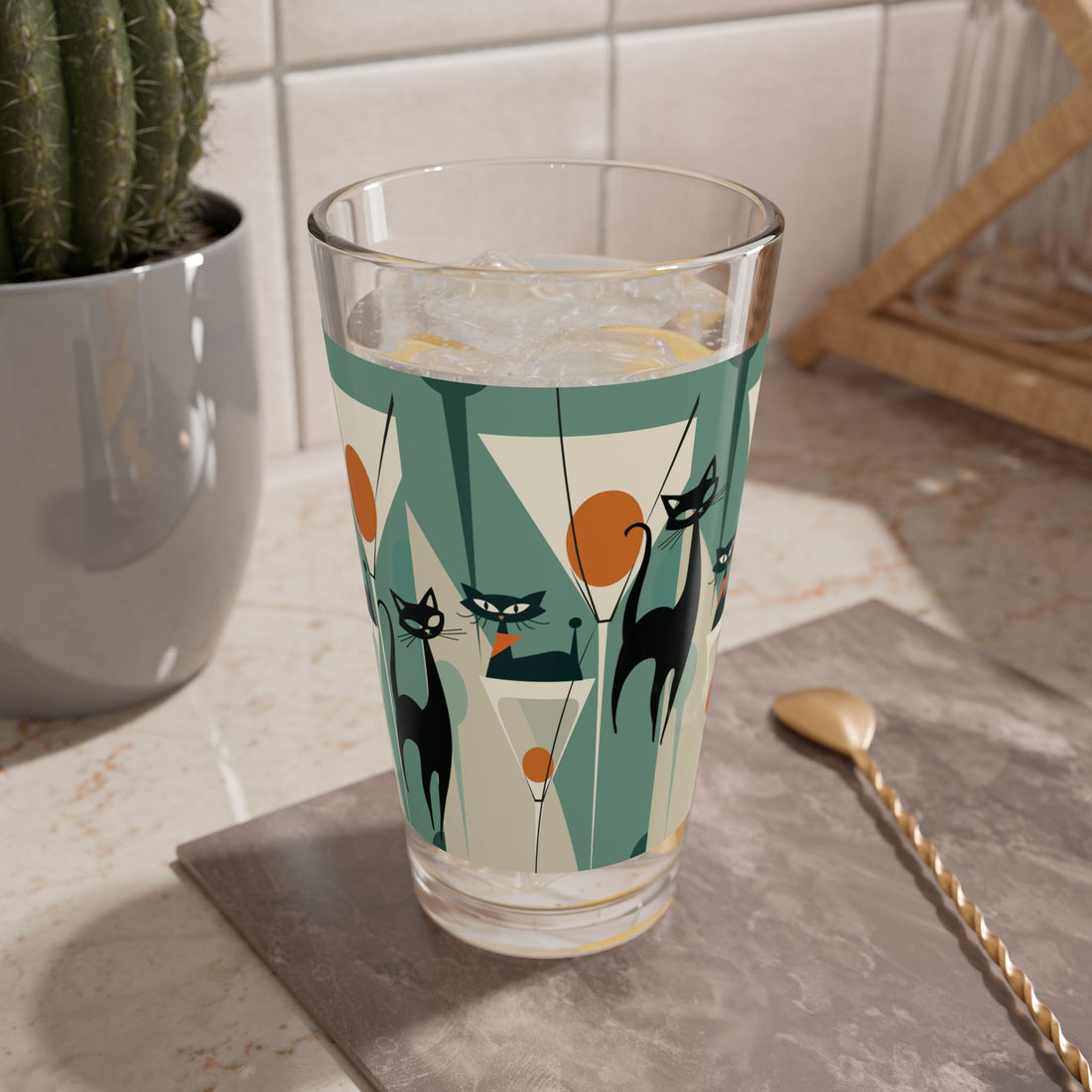 Kate McEnroe New York Atomic Cat Retro Pint Glass, Mid Century Modern Cocktail BarwarePint Glasses22636616001702118244