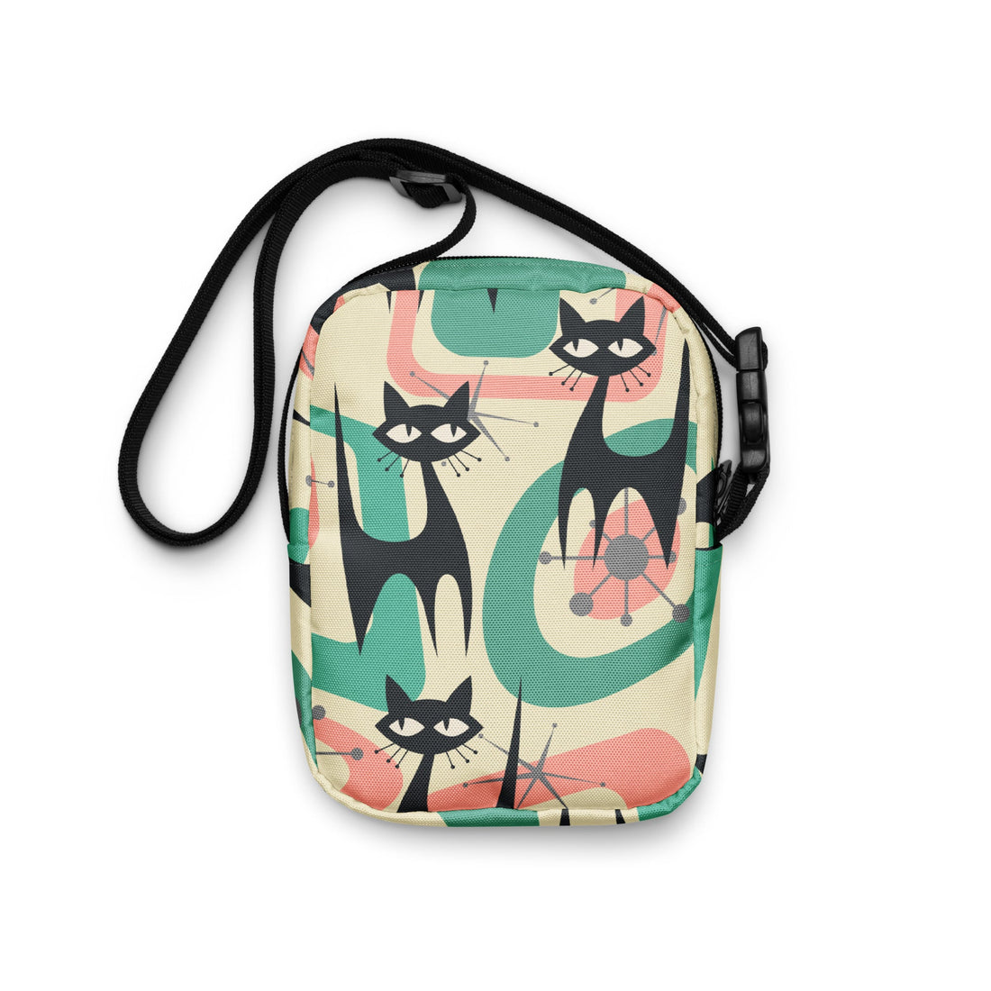 Kate McEnroe New York Atomic Cat Retro Sling Bag, 60s Mid Mod Crossbody in Teal, Coral, Green, Funky Vintage Everyday PurseHandbags1003844_19256