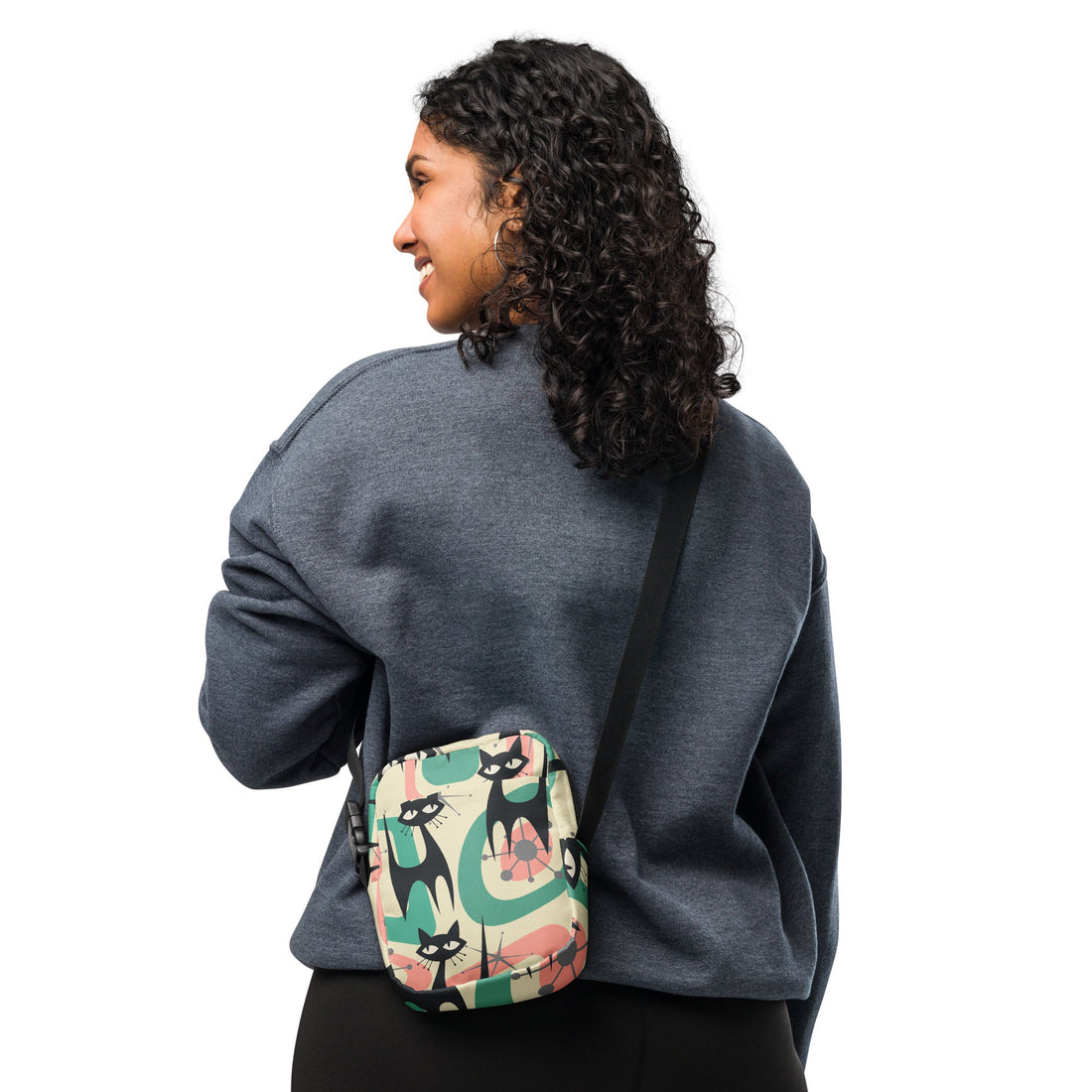 Kate McEnroe New York Atomic Cat Retro Sling Bag, 60s Mid Mod Crossbody in Teal, Coral, Green, Funky Vintage Everyday PurseHandbags1003844_19256