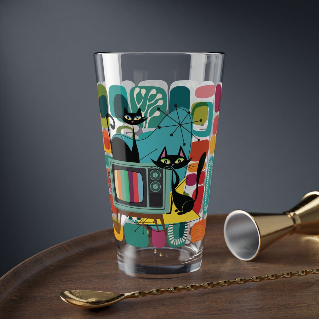 Kate McEnroe New York Atomic Cat Retro TV Barware, Mid Century Modern 1950s Amoeba Cocktail Glass, MCM Pint Glass, Geometric Abstract DrinkwareMixing Glasses12185411156115010884