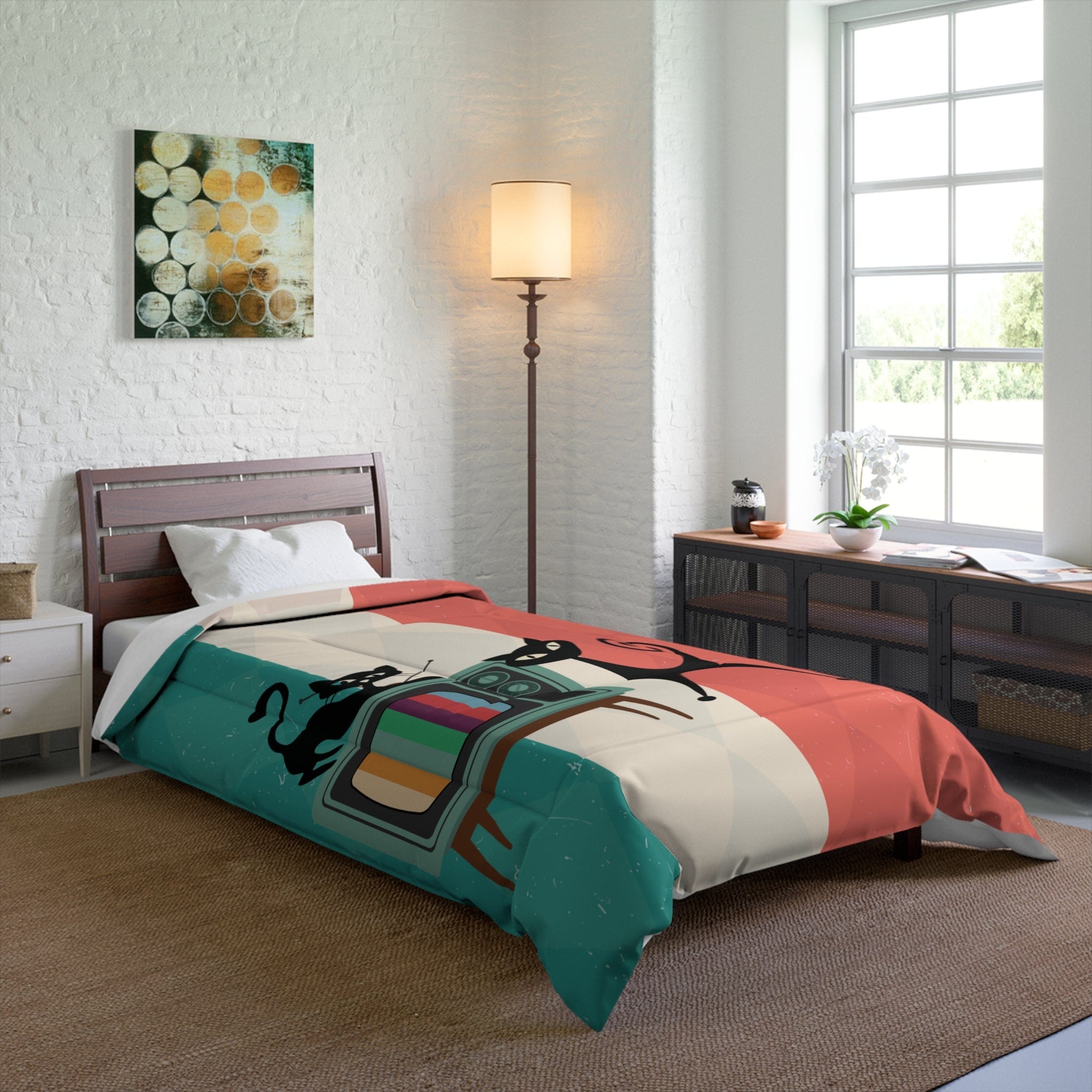 Kate McEnroe New York Atomic Cat Retro TV Comforter, Vibrant MCM Bedding, Nostalgic 50s, Teal, Beige, Coral Bedroom DecorComforters16353717418020634744