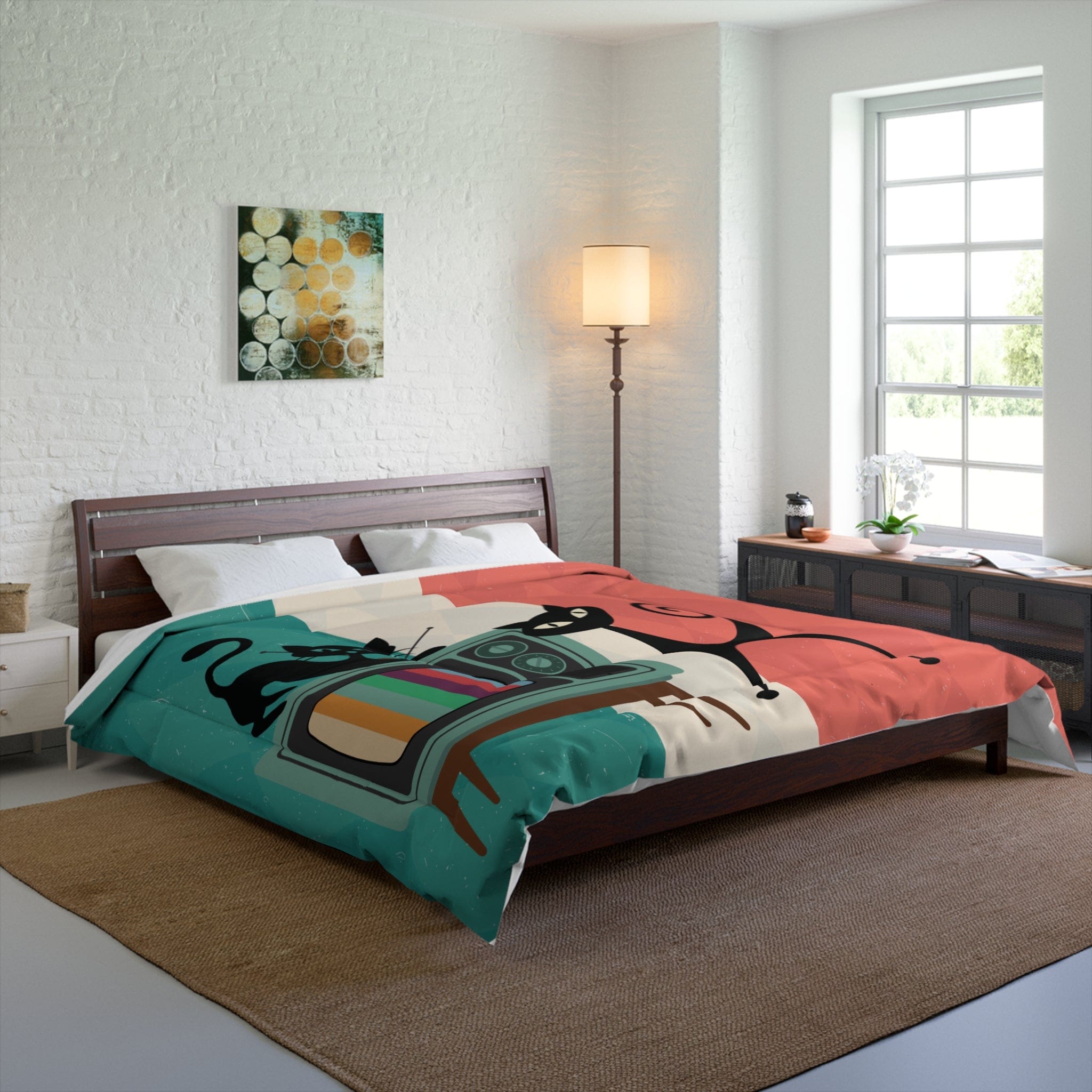 Kate McEnroe New York Atomic Cat Retro TV Comforter, Vibrant MCM Bedding, Nostalgic 50s, Teal, Beige, Coral Bedroom DecorComforters16368526218970035486