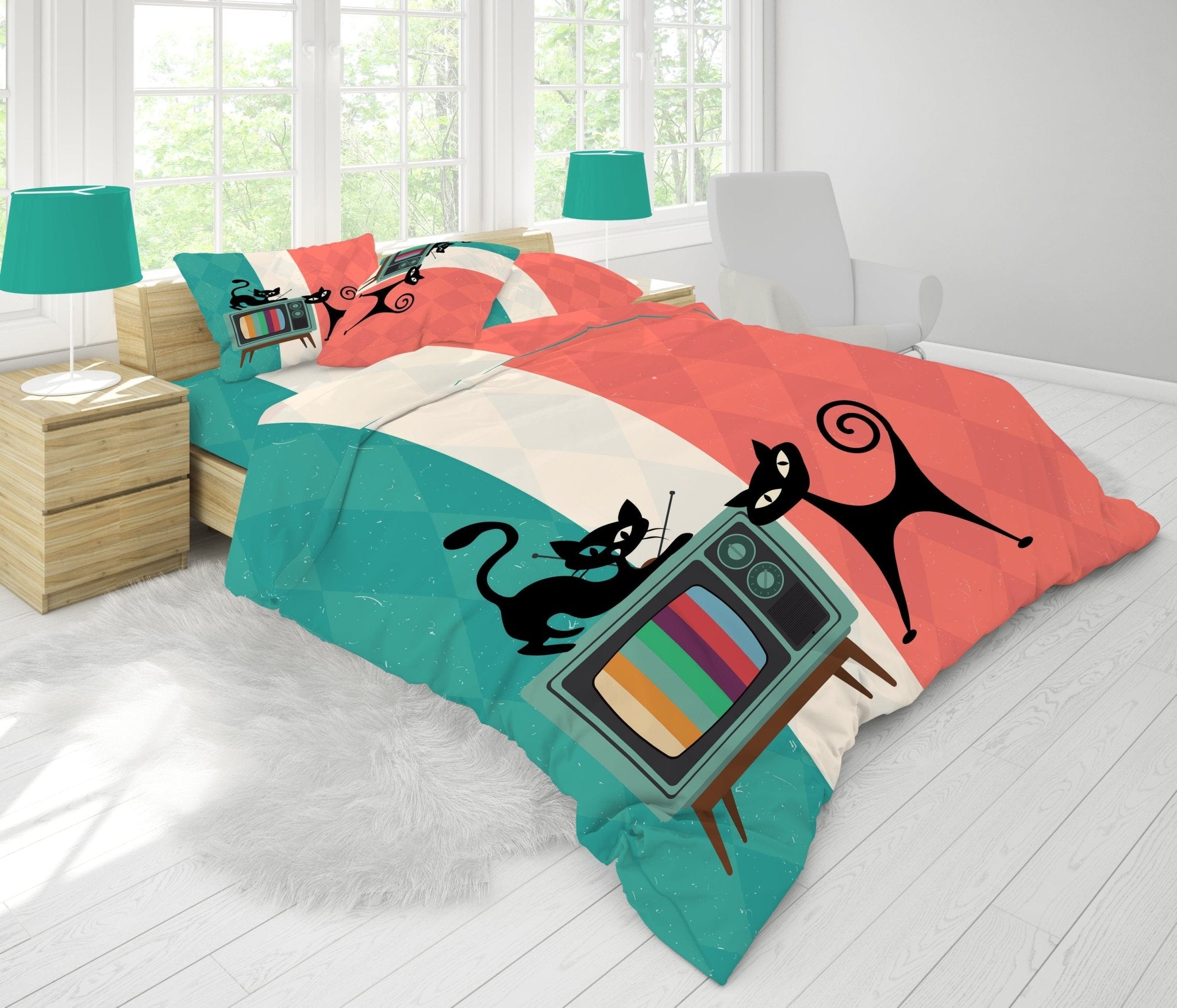 Kate McEnroe New York Atomic Cat Retro TV Comforter, Vibrant MCM Bedding, Nostalgic 50s, Teal, Beige, Coral Bedroom DecorComforters25757157456953919882