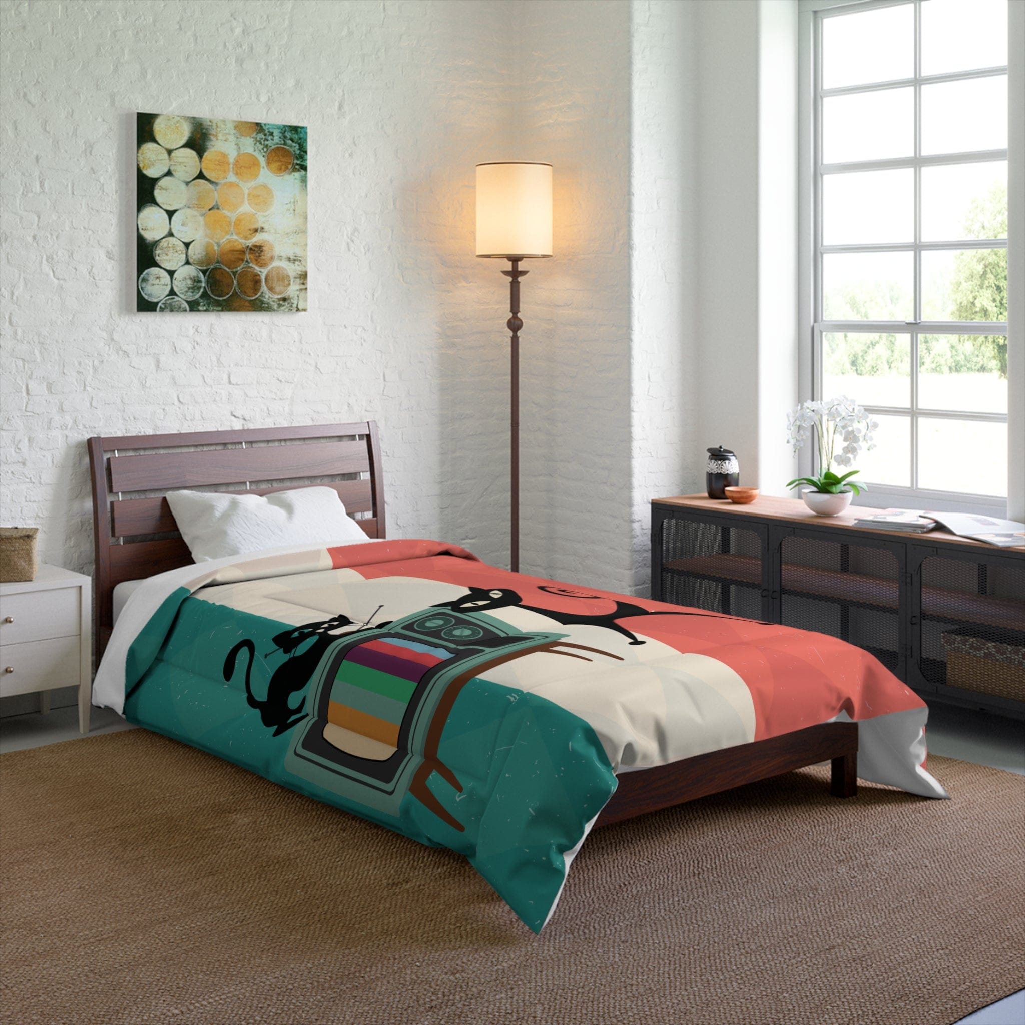 Kate McEnroe New York Atomic Cat Retro TV Comforter, Vibrant MCM Bedding, Nostalgic 50s, Teal, Beige, Coral Bedroom DecorComforters25757157456953919882