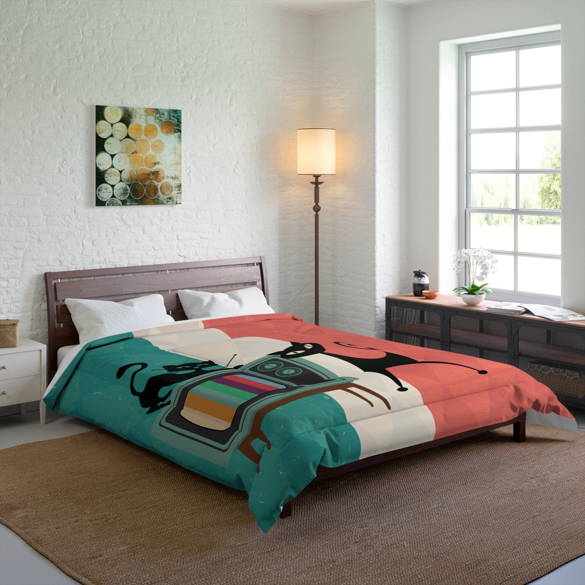 Kate McEnroe New York Atomic Cat Retro TV Comforter, Vibrant MCM Bedding, Nostalgic 50s, Teal, Beige, Coral Bedroom DecorComforters28605296194686121782