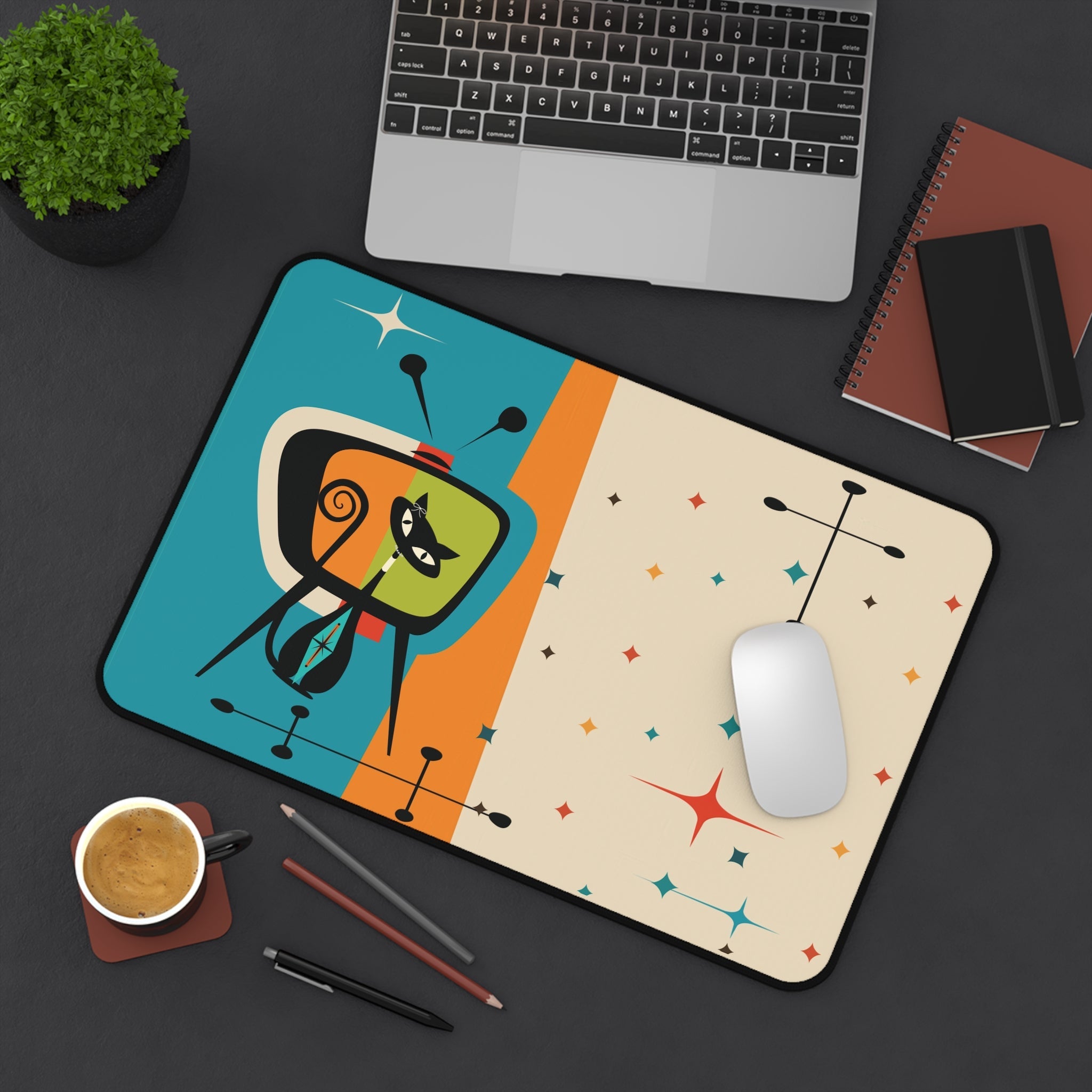 Kate McEnroe New York Atomic Cat Retro TV Desk Mat, Mid Century Modern Office Mouse Pad, Starburst Mod Computer MatDesk Mats12348154188110438520