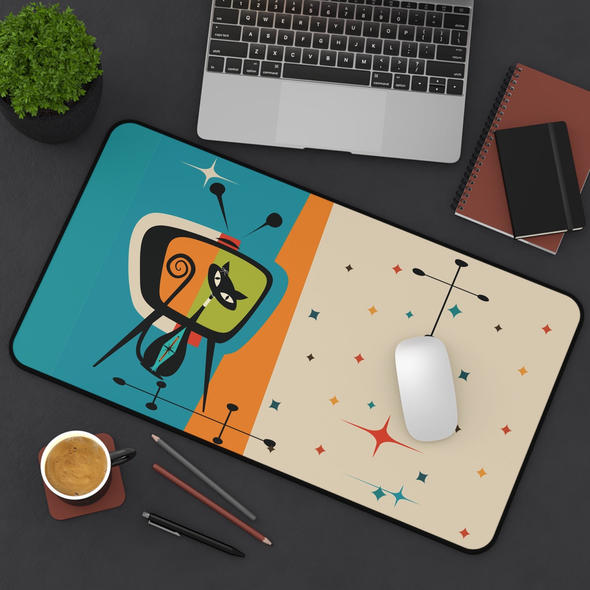 Kate McEnroe New York Atomic Cat Retro TV Desk Mat, Mid Century Modern Office Mouse Pad, Starburst Mod Computer MatDesk Mats12348154188110438520