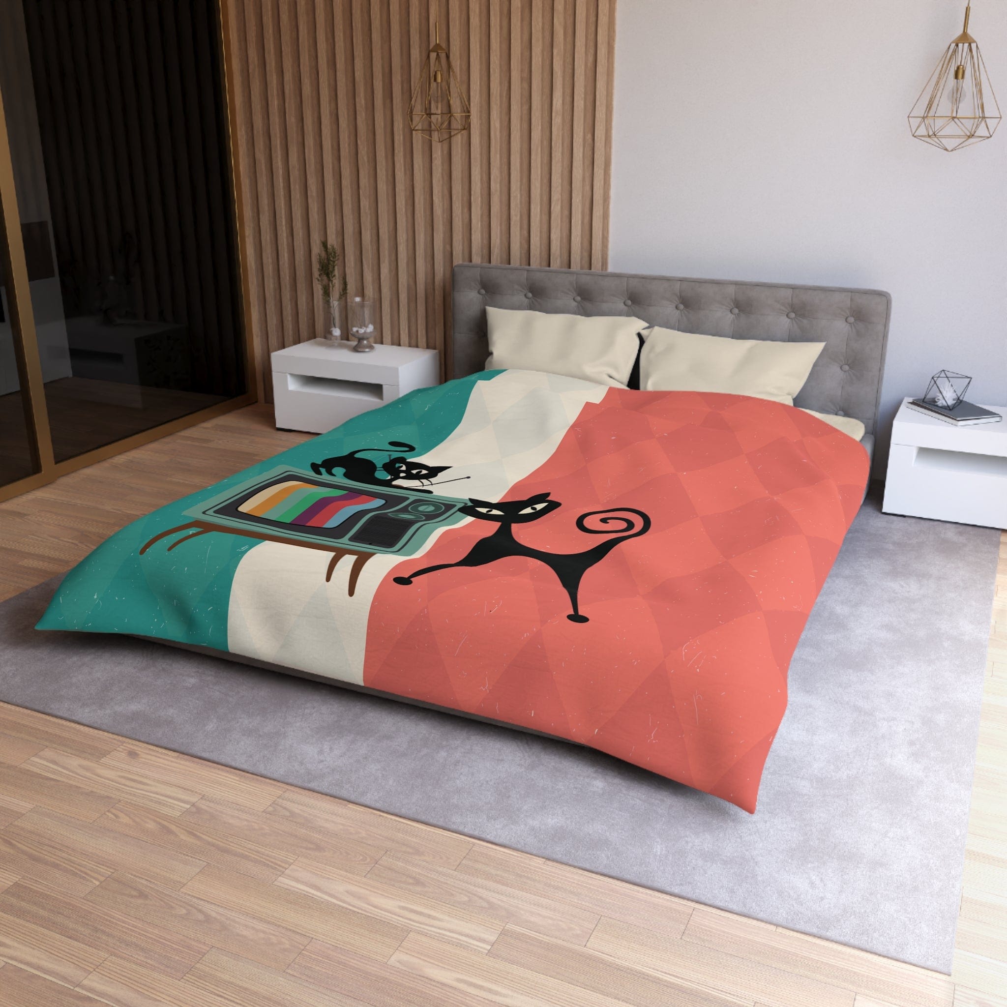 Kate McEnroe New York Atomic Cat Retro TV Duvet Cover, Vibrant MCM Bedding, Nostalgic 50s, Teal, Beige, Coral Bedroom DecorDuvet Covers28760460621301043799