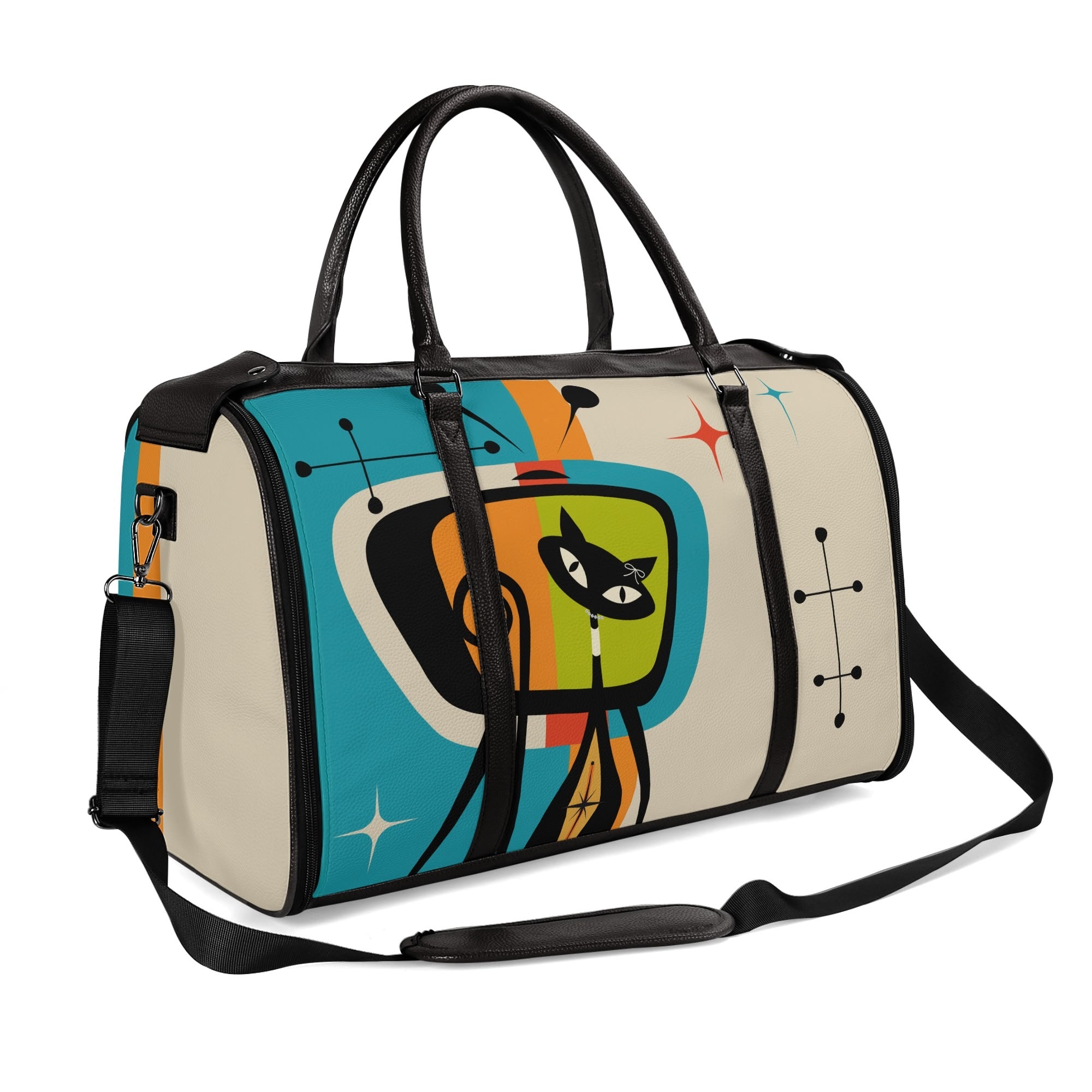 Kate McEnroe New York Atomic Cat Retro TV Foldable Duffel Bag, Mid Century Modern Space Age Mod Travel WeekenderDuffel BagsY57Q7QPW - 2