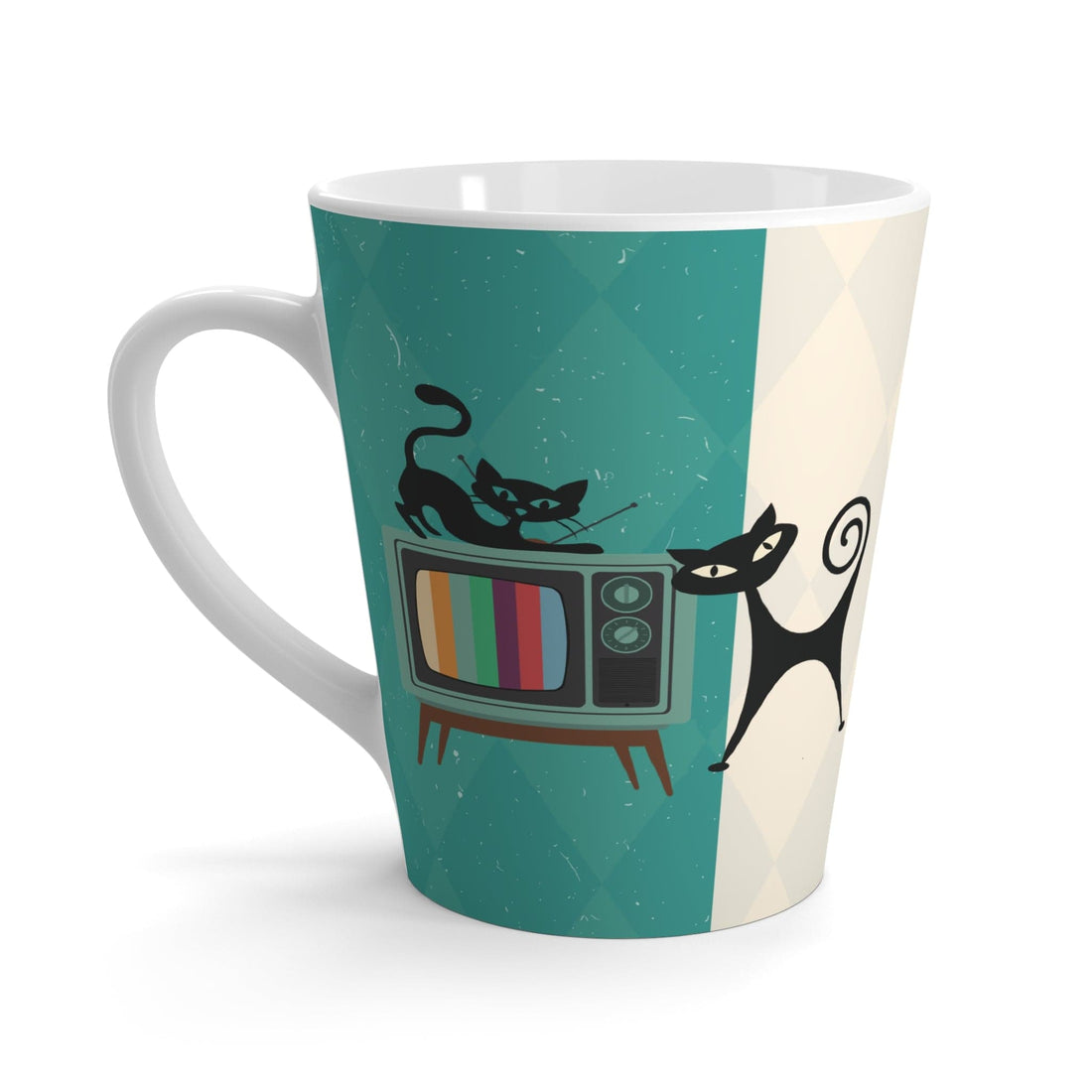 Kate McEnroe New York Atomic Cat Retro TV Latte Mug, Vibrant MCM Drinkware, Nostalgic 50s, Teal, Beige, Coral Coffee Cup, Gift for Coffee LoversMugs23346581190437795509
