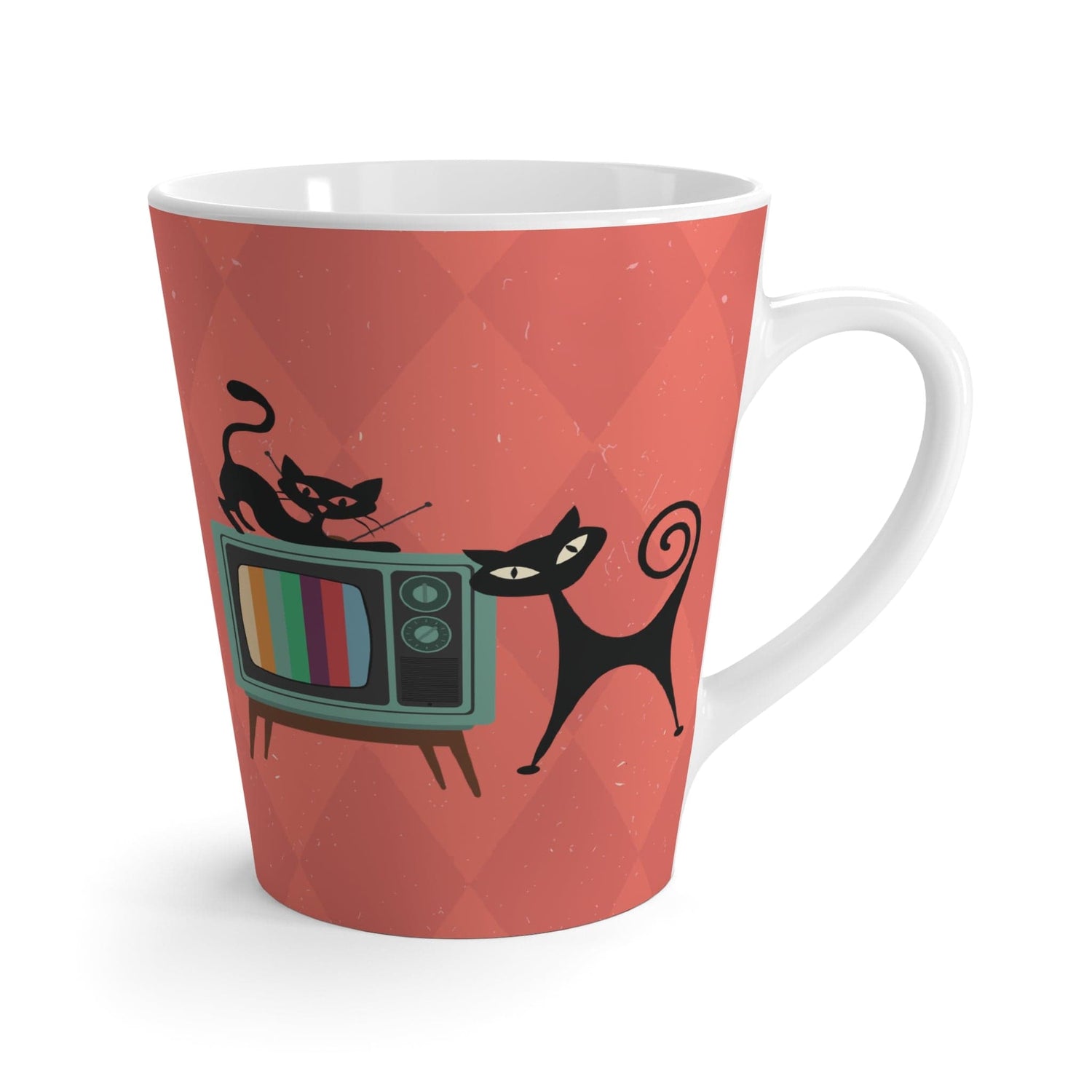 Kate McEnroe New York Atomic Cat Retro TV Latte Mug, Vibrant MCM Drinkware, Nostalgic 50s, Teal, Beige, Coral Coffee Cup, Gift for Coffee LoversMugs23346581190437795509