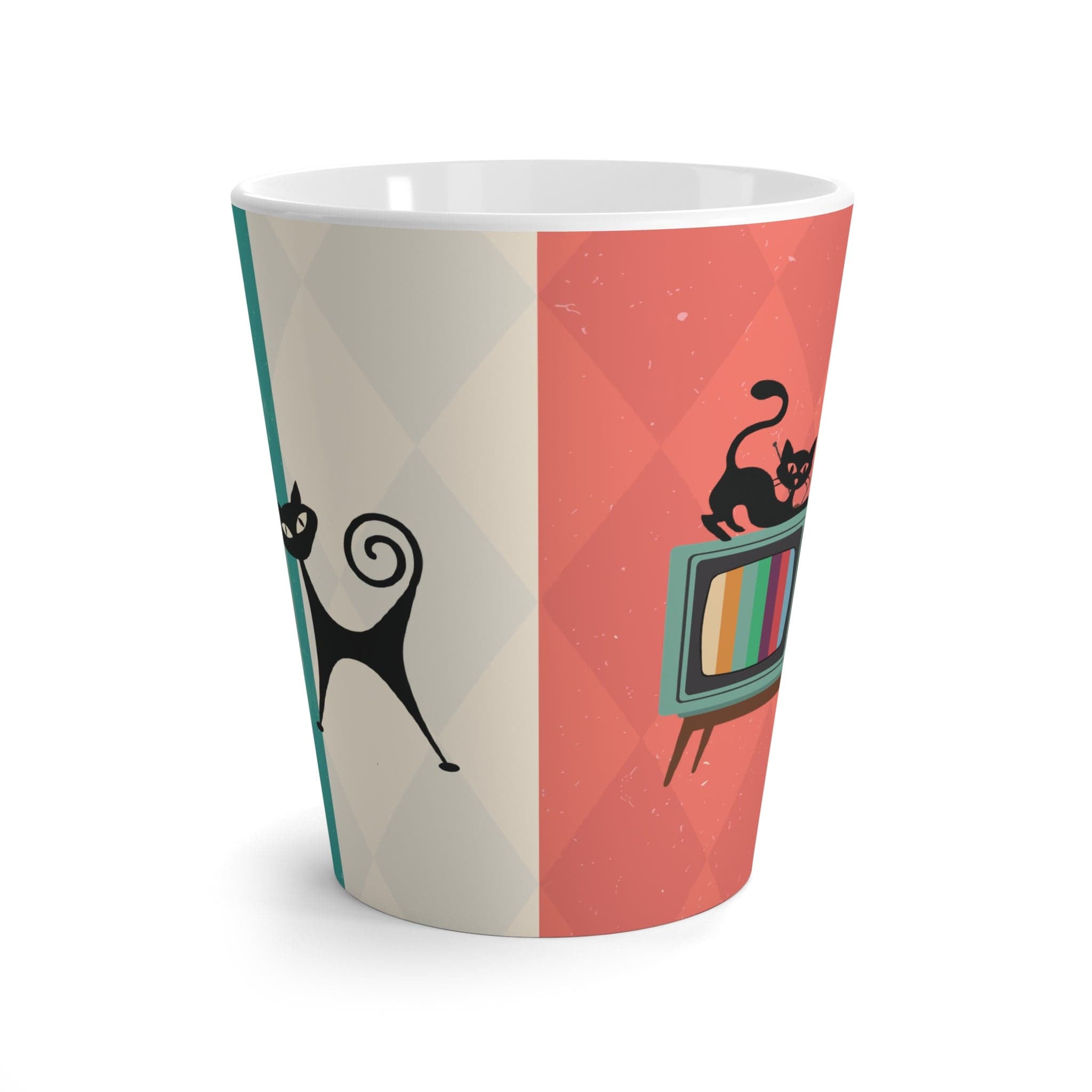 Kate McEnroe New York Atomic Cat Retro TV Latte Mug, Vibrant MCM Drinkware, Nostalgic 50s, Teal, Beige, Coral Coffee Cup, Gift for Coffee LoversMugs23346581190437795509