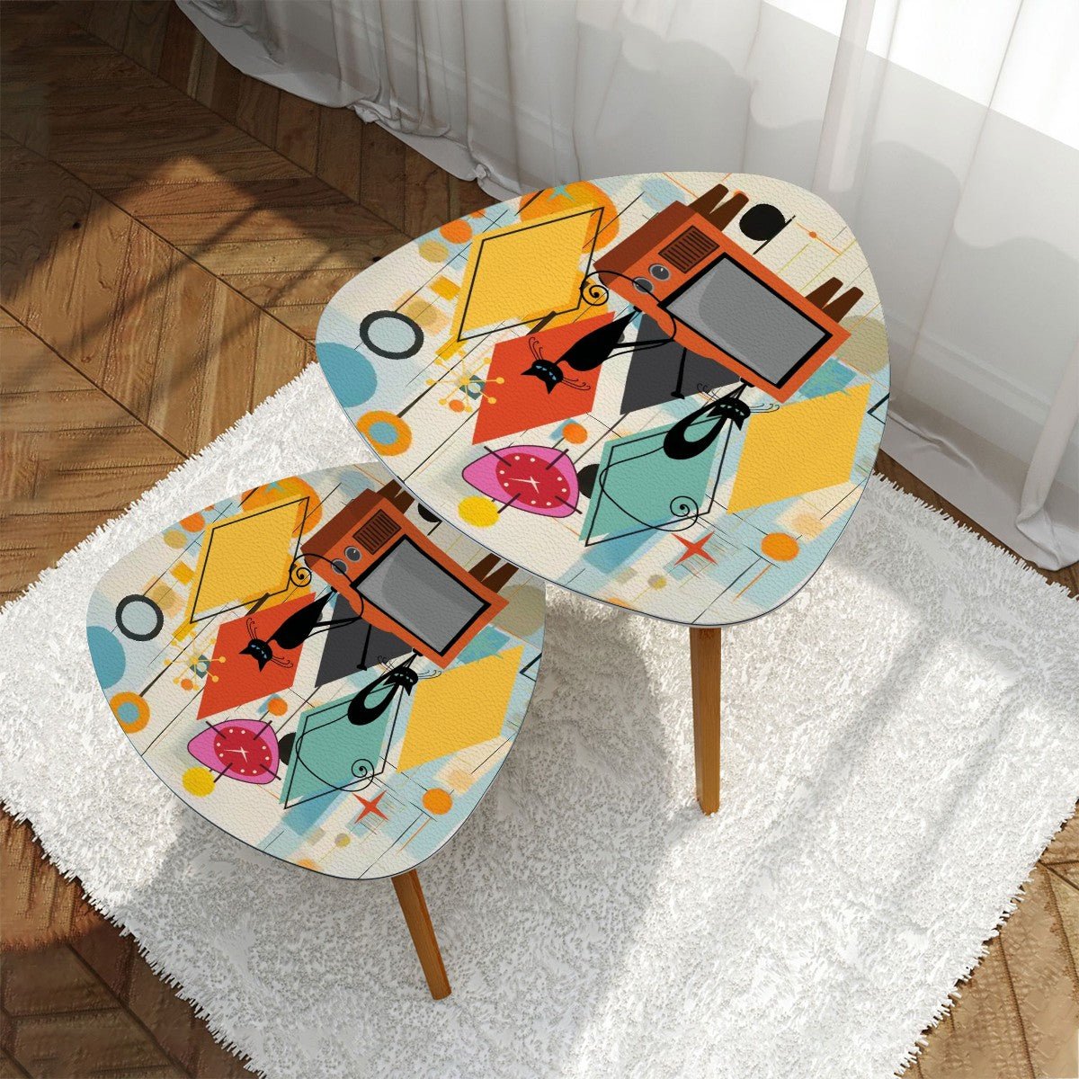 Kate McEnroe New York Atomic Cat Retro TV Nesting Tables, Mid Century Modern 50s Kitsch Side Table Set, MCM Starburst Accent FurnitureNesting TablesBvz2pSypWY