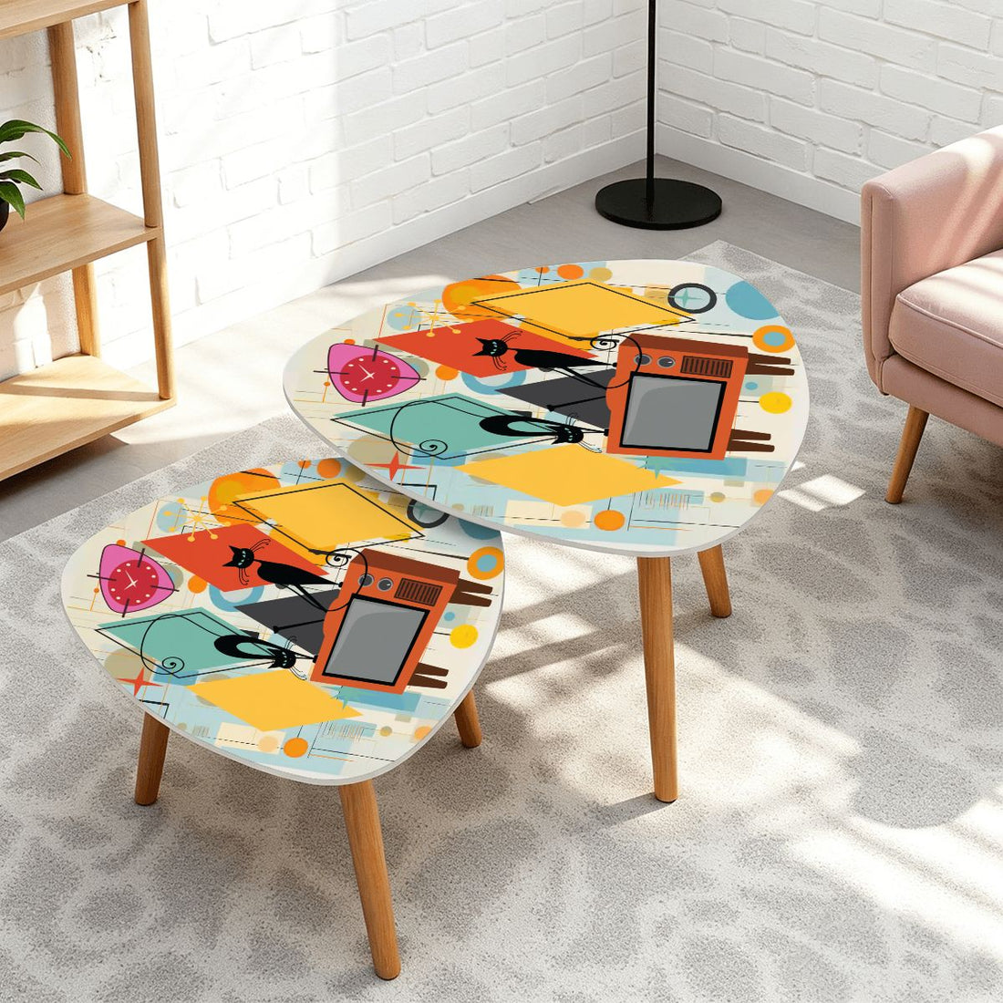 Kate McEnroe New York Atomic Cat Retro TV Nesting Tables, Mid Century Modern 50s Kitsch Side Table Set, MCM Starburst Accent FurnitureNesting TablesBvz2pSypWY