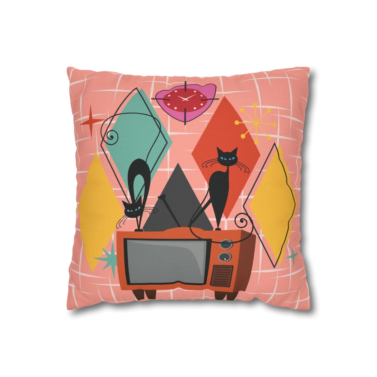 Kate McEnroe New York Atomic Cat Retro TV Pillow Cover, Mid Century Modern Orange, Teal, Yellow, Pink Cushion Covers, MCM Pillow Case Throw Pillow Covers 14" × 14" 42515276049672648852