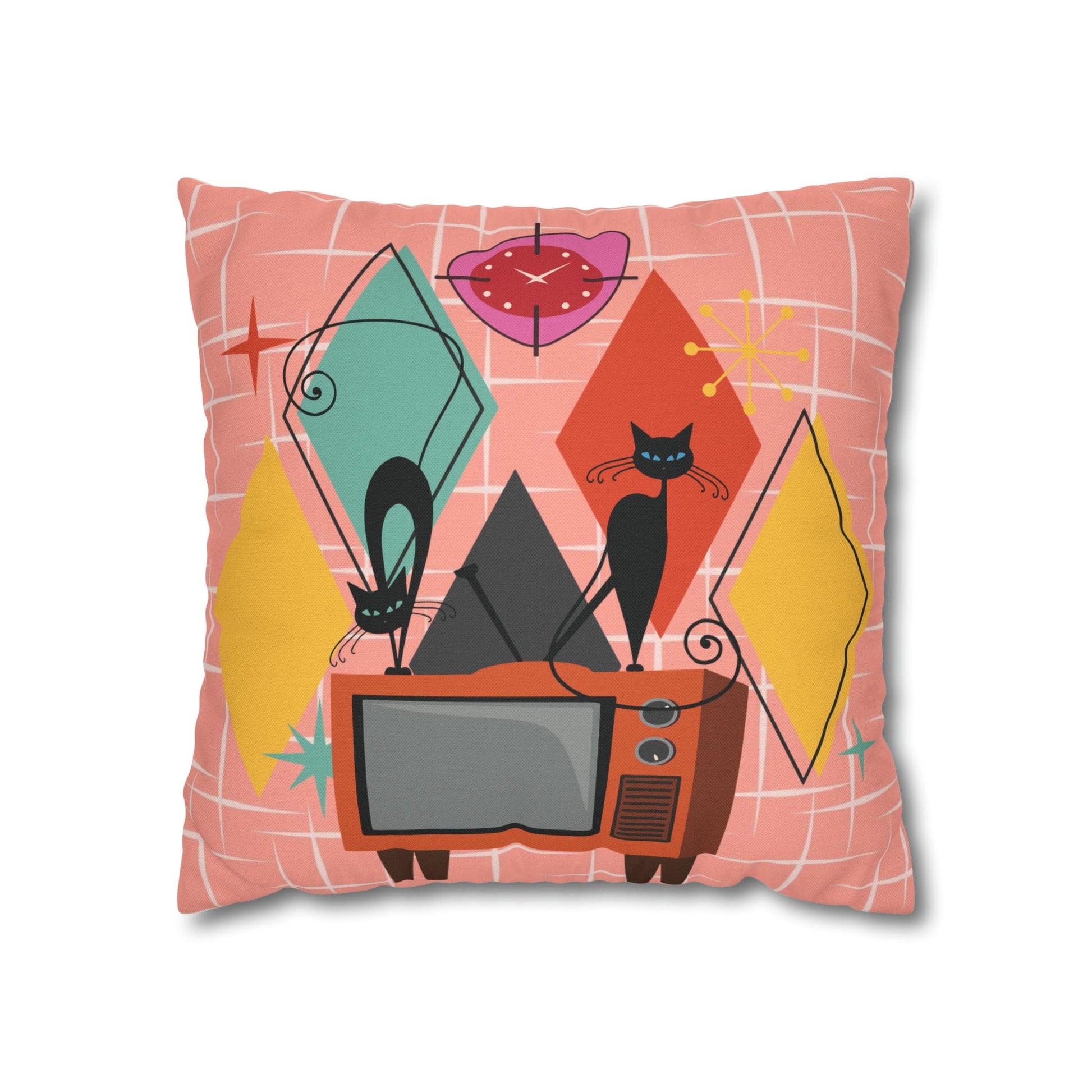 Kate McEnroe New York Atomic Cat Retro TV Pillow Cover, Mid Century Modern Orange, Teal, Yellow, Pink Cushion Covers, MCM Pillow Case Throw Pillow Covers 16" × 16" 16222089172191532282