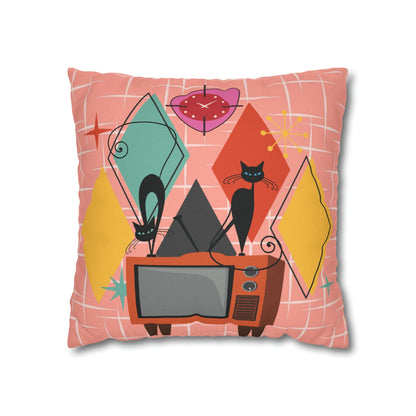 Kate McEnroe New York Atomic Cat Retro TV Pillow Cover, Mid Century Modern Orange, Teal, Yellow, Pink Cushion Covers, MCM Pillow Case Throw Pillow Covers 16&quot; × 16&quot; 16222089172191532282