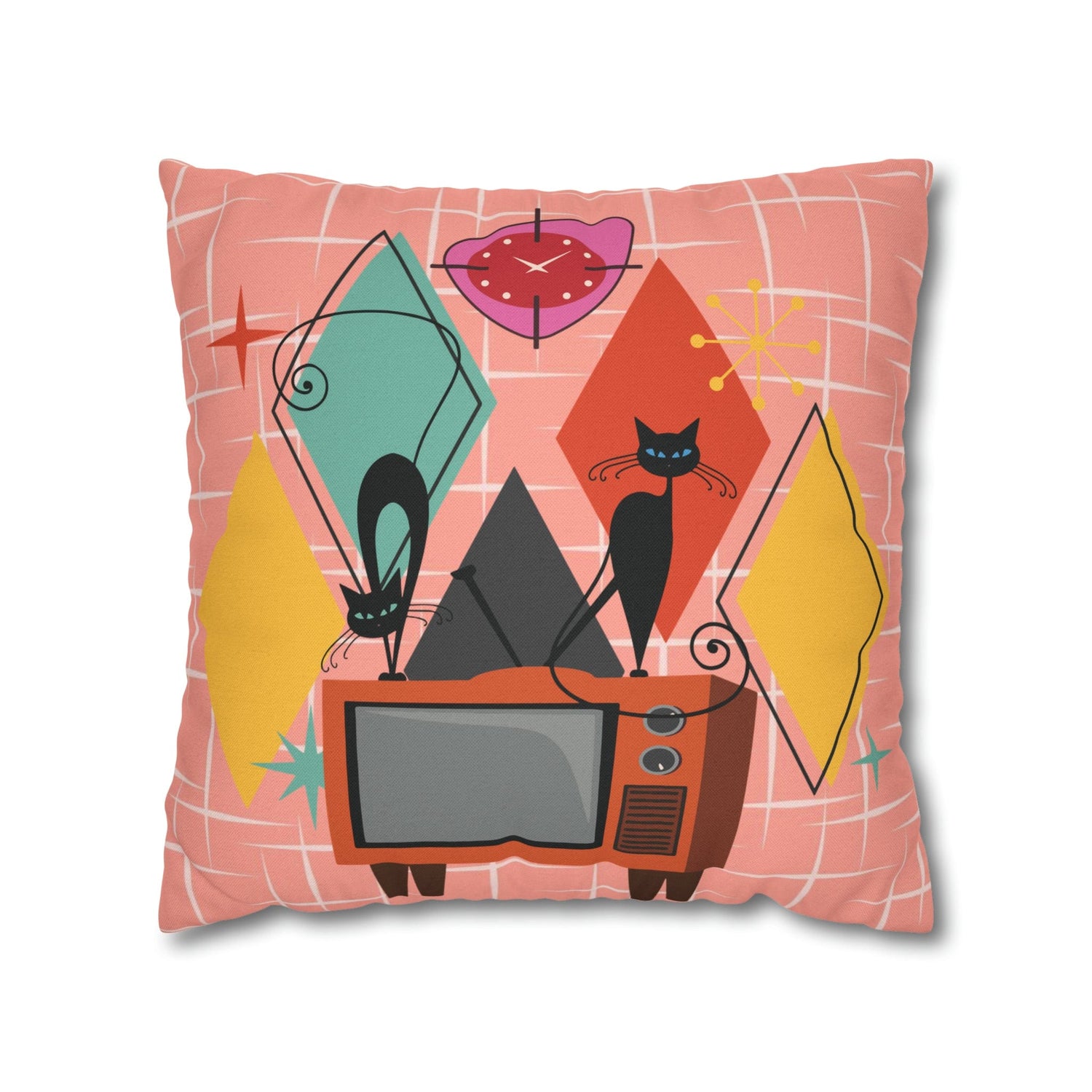 Kate McEnroe New York Atomic Cat Retro TV Pillow Cover, Mid Century Modern Orange, Teal, Yellow, Pink Cushion Covers, MCM Pillow Case Throw Pillow Covers 18&quot; × 18&quot; 28026697588794533196