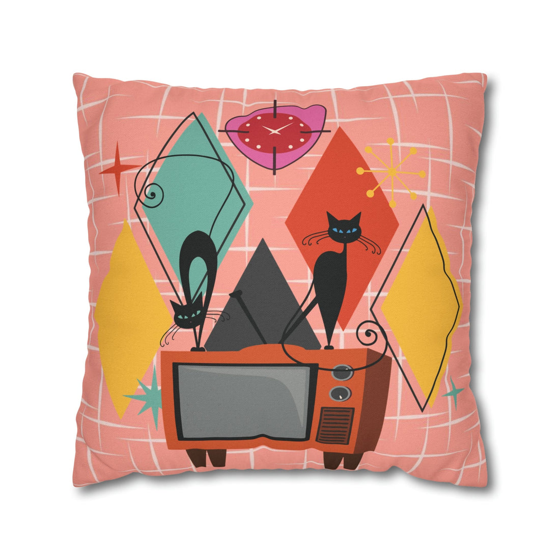 Kate McEnroe New York Atomic Cat Retro TV Pillow Cover, Mid Century Modern Orange, Teal, Yellow, Pink Cushion Covers, MCM Pillow Case Throw Pillow Covers 20&quot; × 20&quot; 14505531541008926429