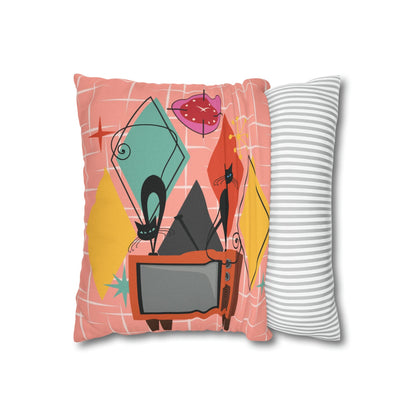 Kate McEnroe New York Atomic Cat Retro TV Pillow Cover, Mid Century Modern Orange, Teal, Yellow, Pink Cushion Covers, MCM Pillow Case Throw Pillow Covers