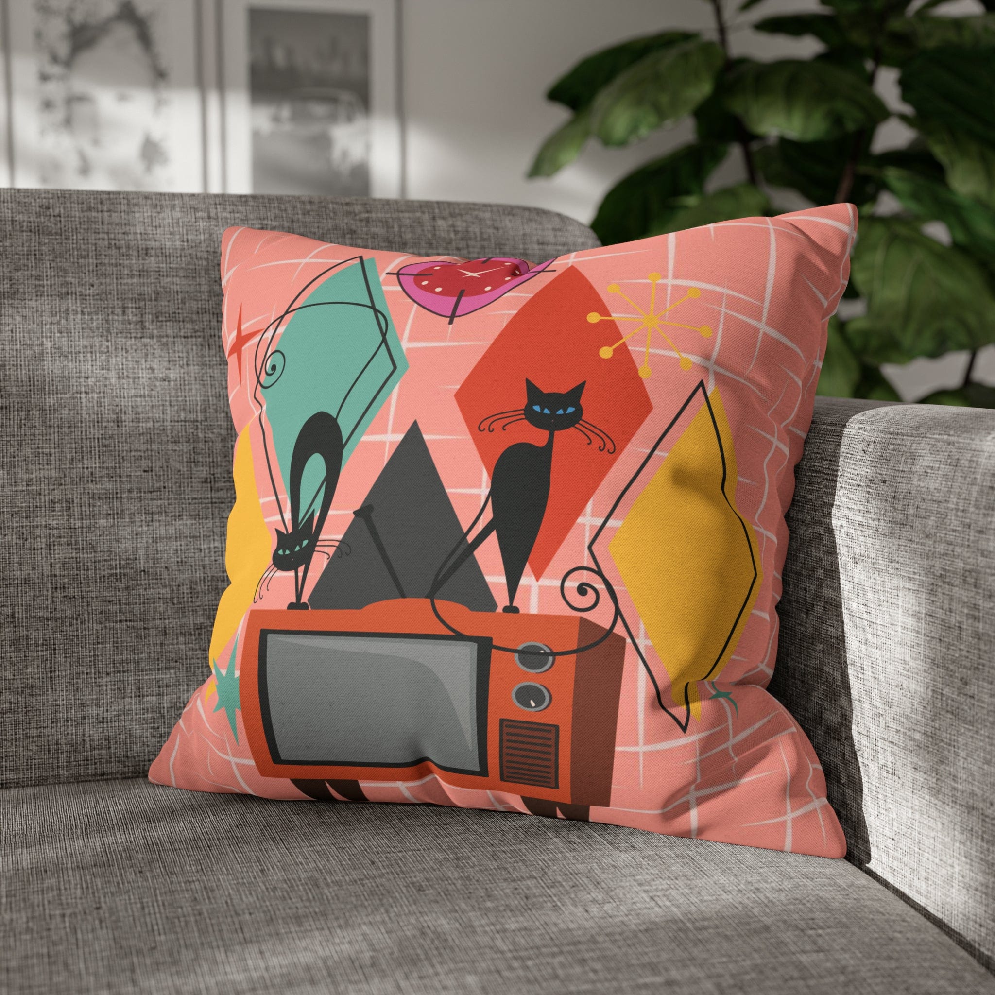 Kate McEnroe New York Atomic Cat Retro TV Pillow Cover, Mid Century Modern Orange, Teal, Yellow, Pink Cushion Covers, MCM Pillow CaseThrow Pillow Covers14505531541008926429