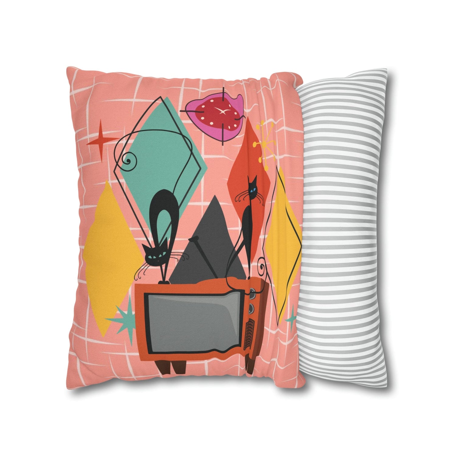 Kate McEnroe New York Atomic Cat Retro TV Pillow Cover, Mid Century Modern Orange, Teal, Yellow, Pink Cushion Covers, MCM Pillow CaseThrow Pillow Covers28026697588794533196
