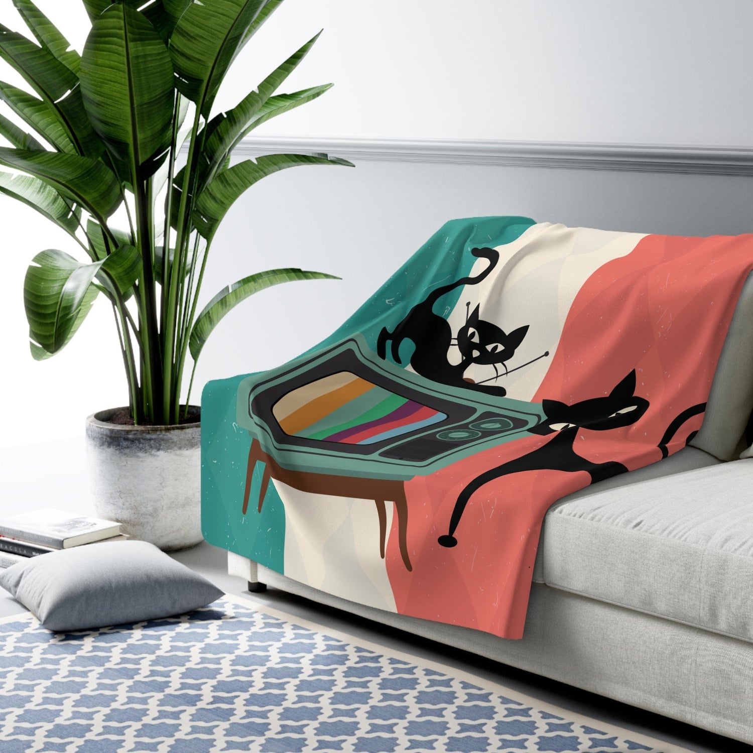 Kate McEnroe New York Atomic Cat Retro TV Sherpa Blanket, Vibrant MCM Fleece Throw, Nostalgic 50s Living Room Decor Blankets 60&quot; × 80&quot; 15869353596233808869