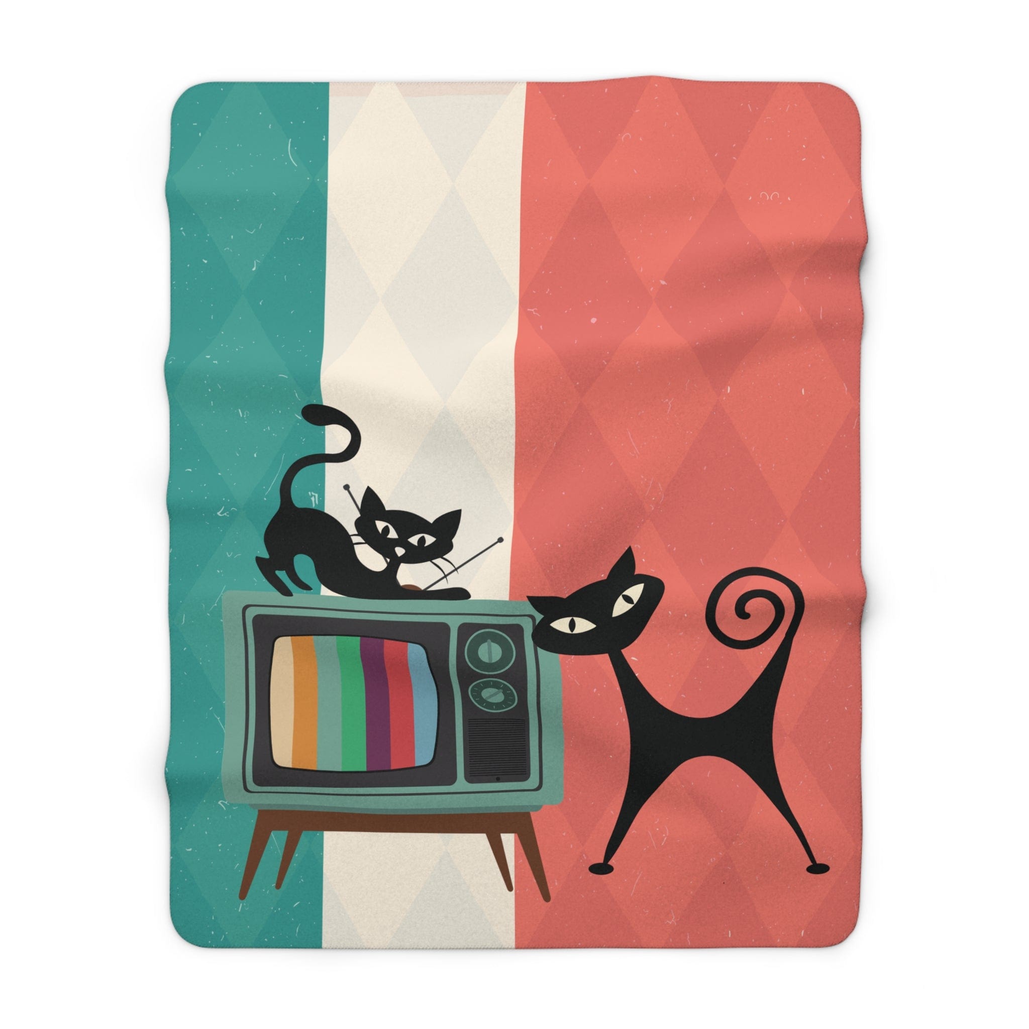 Kate McEnroe New York Atomic Cat Retro TV Sherpa Blanket, Vibrant MCM Fleece Throw, Nostalgic 50s Living Room DecorBlankets15869353596233808869