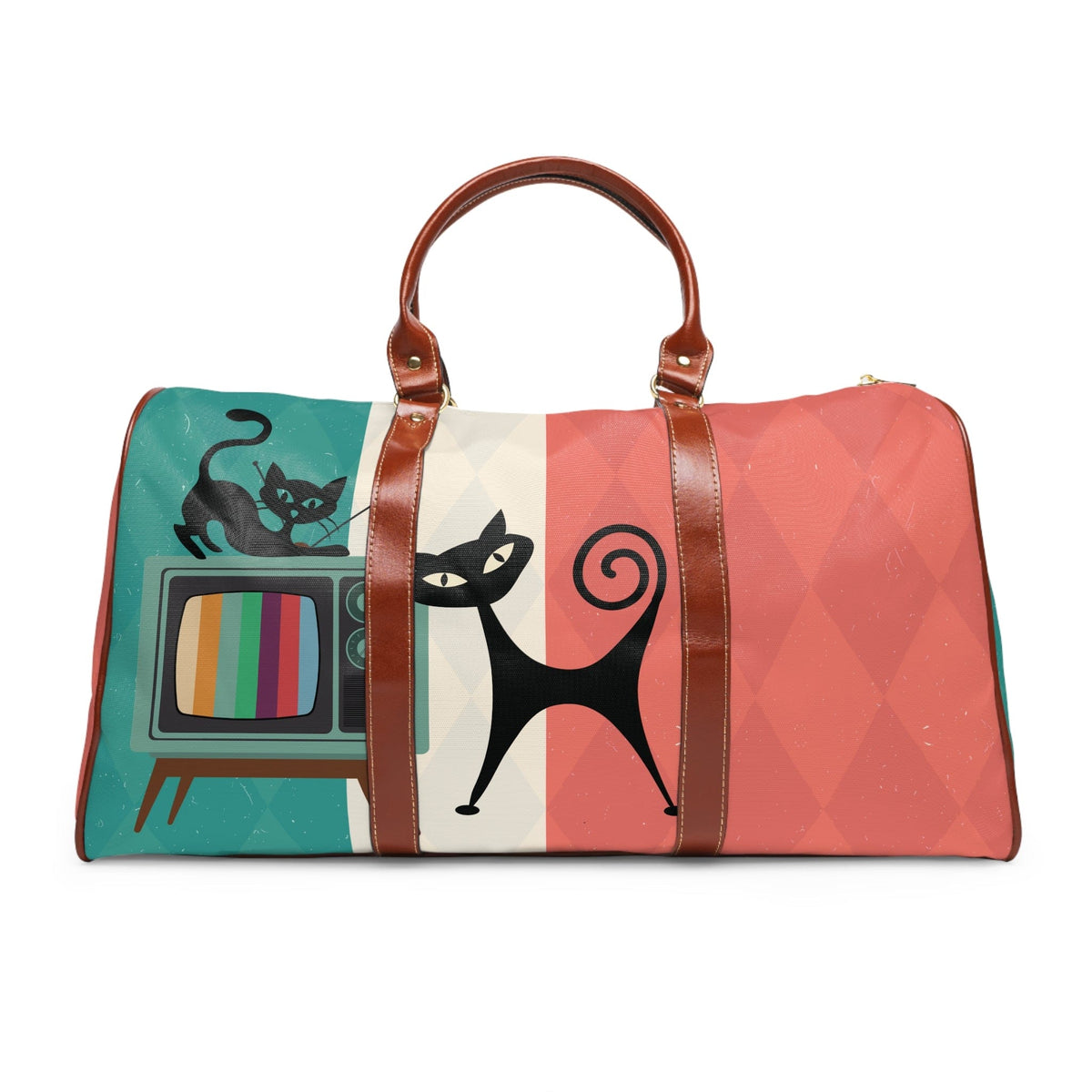 Kate McEnroe New York Atomic Cat Retro TV Travel Bag, Vibrant MCM Weekender, Nostalgic 50s DuffelDuffel Bags27234419722953494186